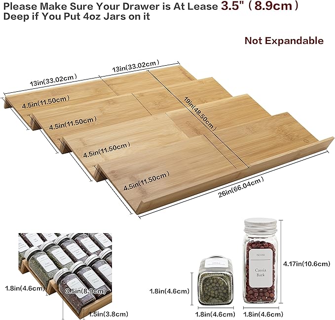 Bamboo Spice Rack Drawer Organizer - 8-Piece Set - 13" Wide Per Piece - Combine Into 26" Wide Rack