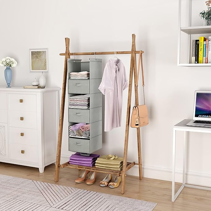 MAX Houser 6 Tier Shelf Hanging Closet Organizer, Closet Hanging Shelf with 2 Sturdy Hooks for Storage, Foldable (Light Grey-D3)