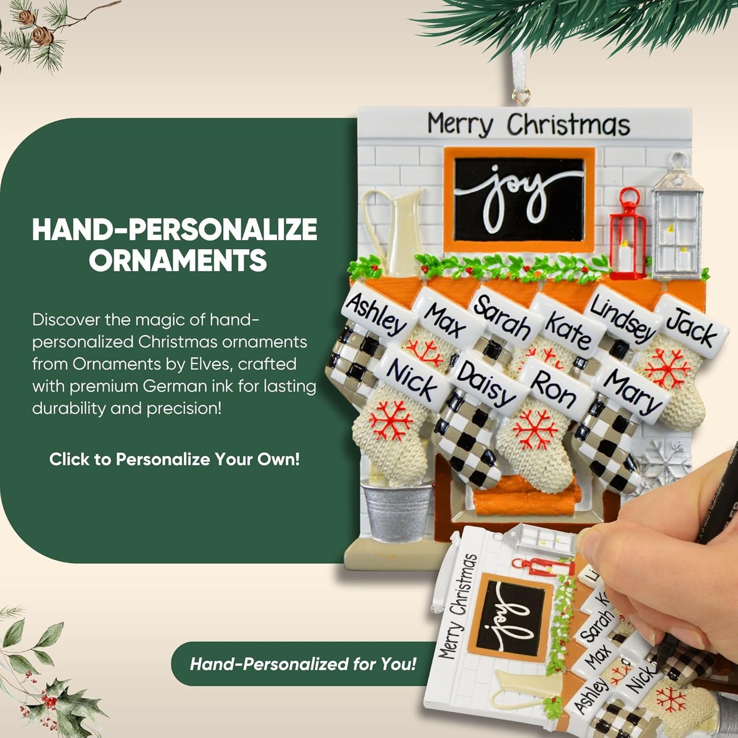 3D White Mantle Family of 5 Christmas Ornament 2025 Personalized Family Christmas Ornaments 2025 | Garland Fireplace Personalized Tree Ornaments Customizable Gifts Red Stockings of Five Ornament