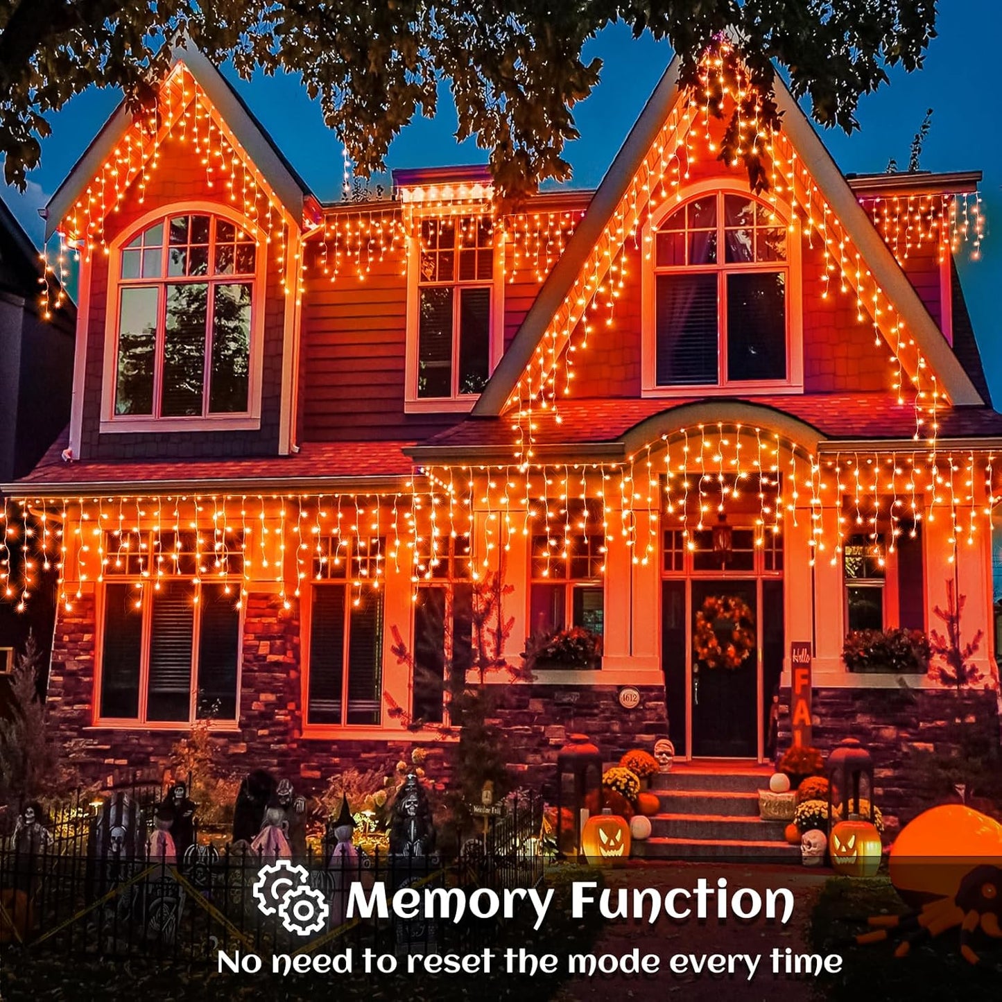 Orange Halloween Lights Outdoor Indoor, 66ft Icicle Lights for Outside, 640 LED Twinkle String Lights with 120 Drops Clear Wire Short Curtain Lights for Room Home Wall Bedroom Decor