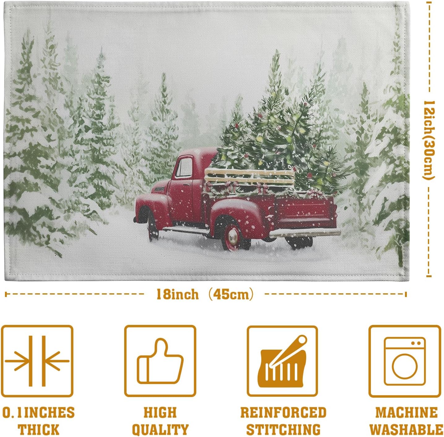 Red Truck Christmas Placemats Set of 4, 12x18 Inch Green Pine Tree Snow Xmas Table Mats Seasonal Rustic Farmhouse Linen Fabric Place Mats for Winter Holiday Party Kitchen Dining Decor