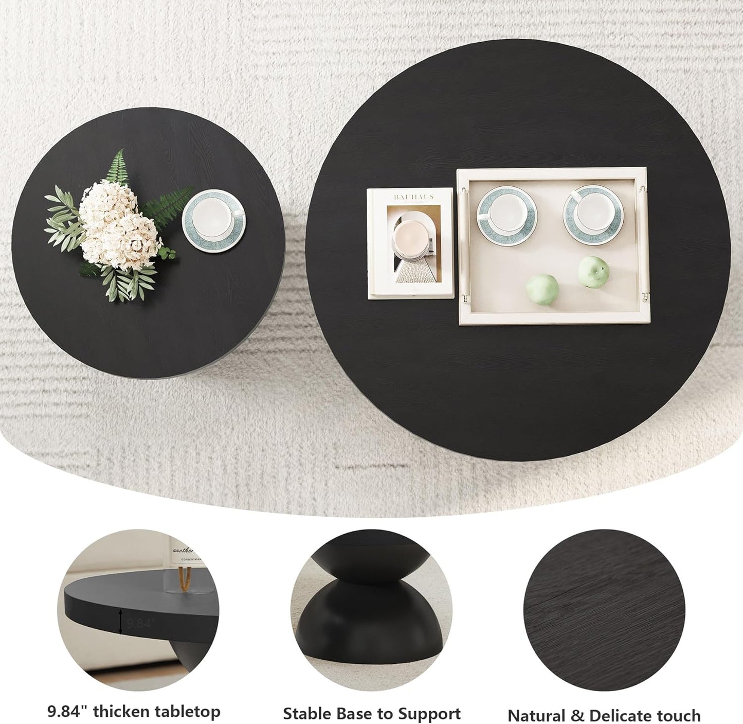 Solid Wood Round Nesting Coffee Table Set of 2, Circle Accent Tables with Unique Semi-Circular Legs, Mid Century Modern Side End Table Set for Small Space Living Room Office (Black)