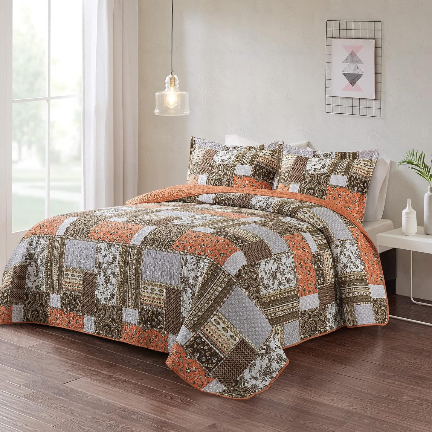 VAPUTAR Quilts King Size - Fall Cotton King Size Quilt Bedding Set, 3 Piece Lightweight Soft King Bedspreads Cotton Boho King Quilt Set, Floral Bedding Set for Farmhouse Bedroom (Dream Orange)