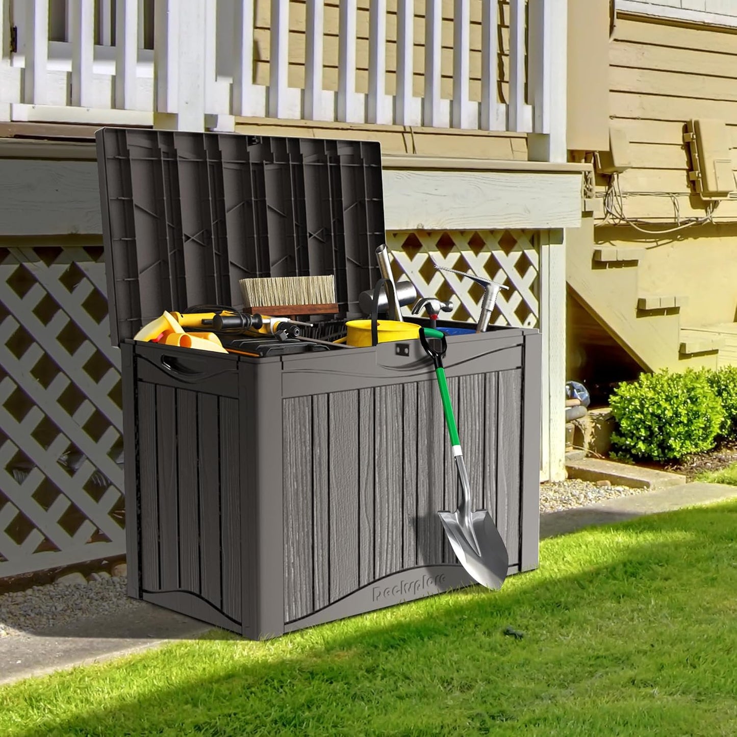 45 Gallon Double-Wall Resin Deck Box - Lockable Waterproof Outdoor Storage Box, 515bs Capacity & Doubles as Seating for Patio Furniture - Garden Tools, Pool Accessories (Brown)