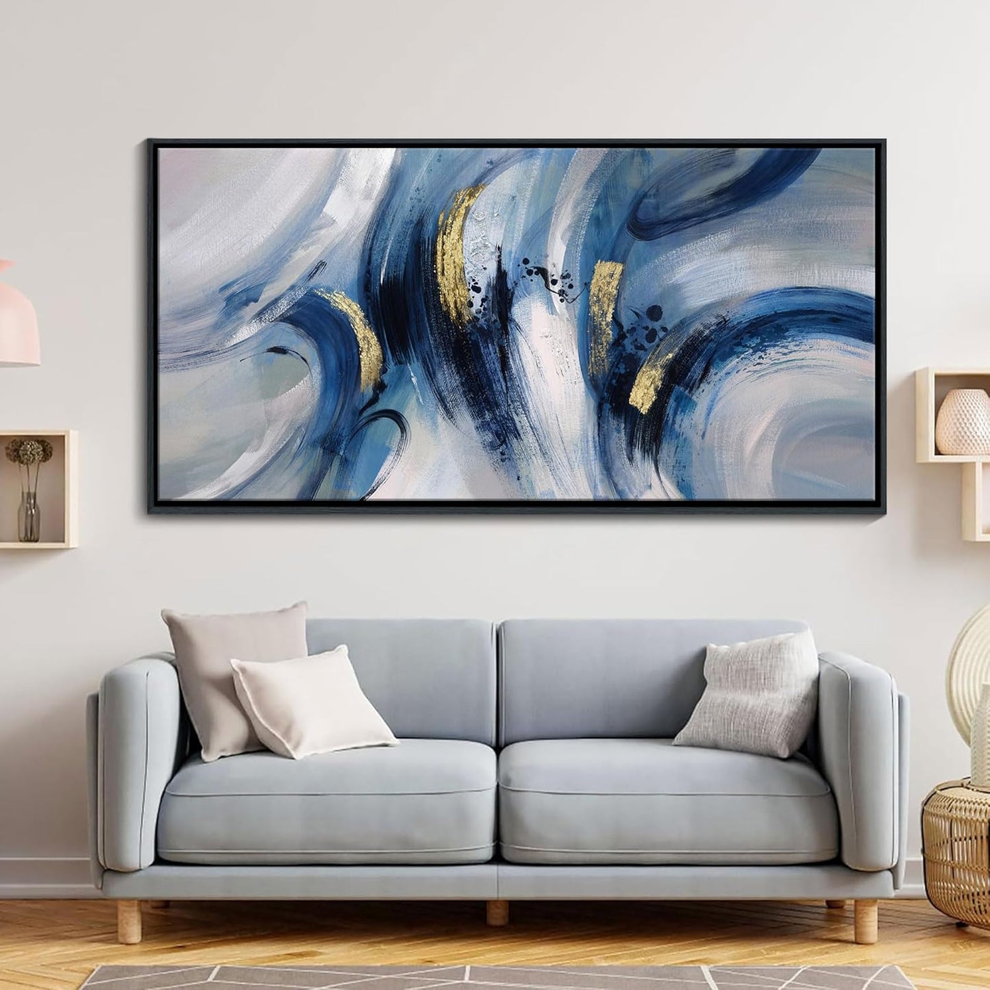 Extra Large Abstract Line Art Framed Canvas - Blue & Grey Modern Wall Decor 30x60 Inches, Minimalist Living Room Art, Oversized Office Painting, Ready to Hang