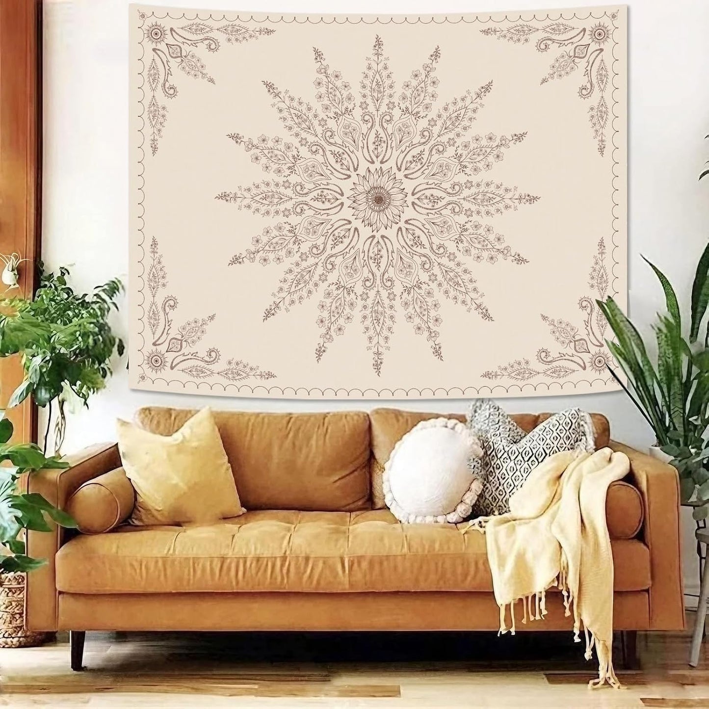 Fowocu Boho Floral Mandala Tapestry for Bedroom Aesthetic Bohemian Flower Wall Tapestry Beige Hippie Indian Small Tapestries Wall Hanging for Living Room Dorm Decor 60 x 44 Inch