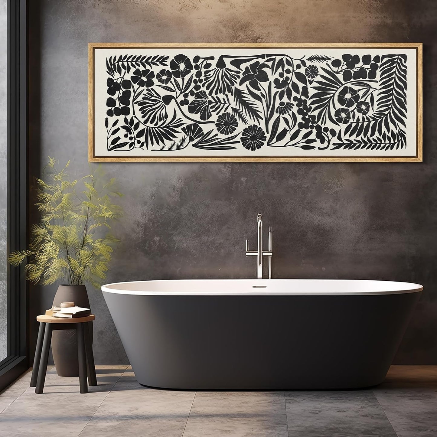 MUDECOR Large Framed Canvas Print Wall Art Monochrome Botanicals Black and White Floral Illustrations Antique Retro Fine Art Illustrations Decorative Colorful for Bedroom - 60"x20"