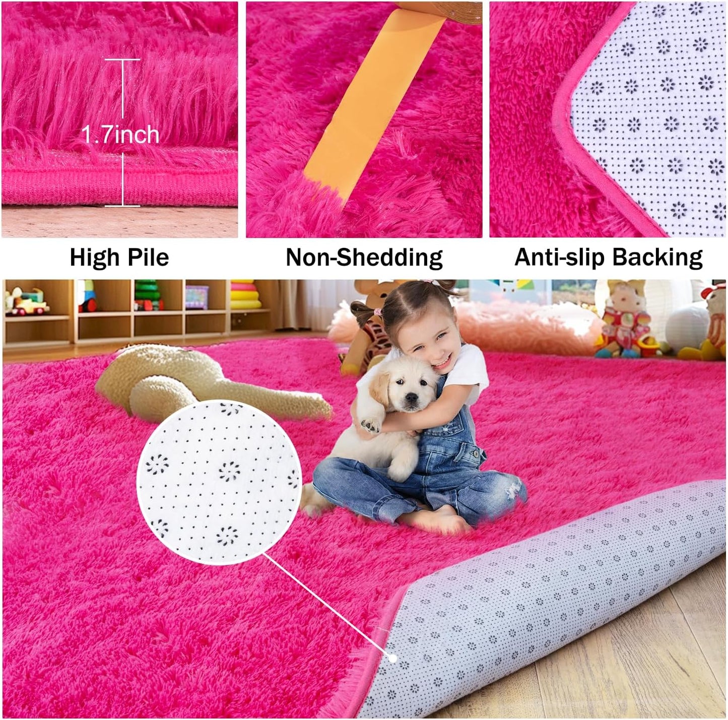 Rezutan Soft Fluffy Rug for Living Room Bedroom, Large Comfy Modern Shaggy Fuzzy Kids, Plush Indoor Nursery Classroom Home Decor Bedside Rug with Non-Slip Bottom, Hot Pink, 6 X 9 Feet