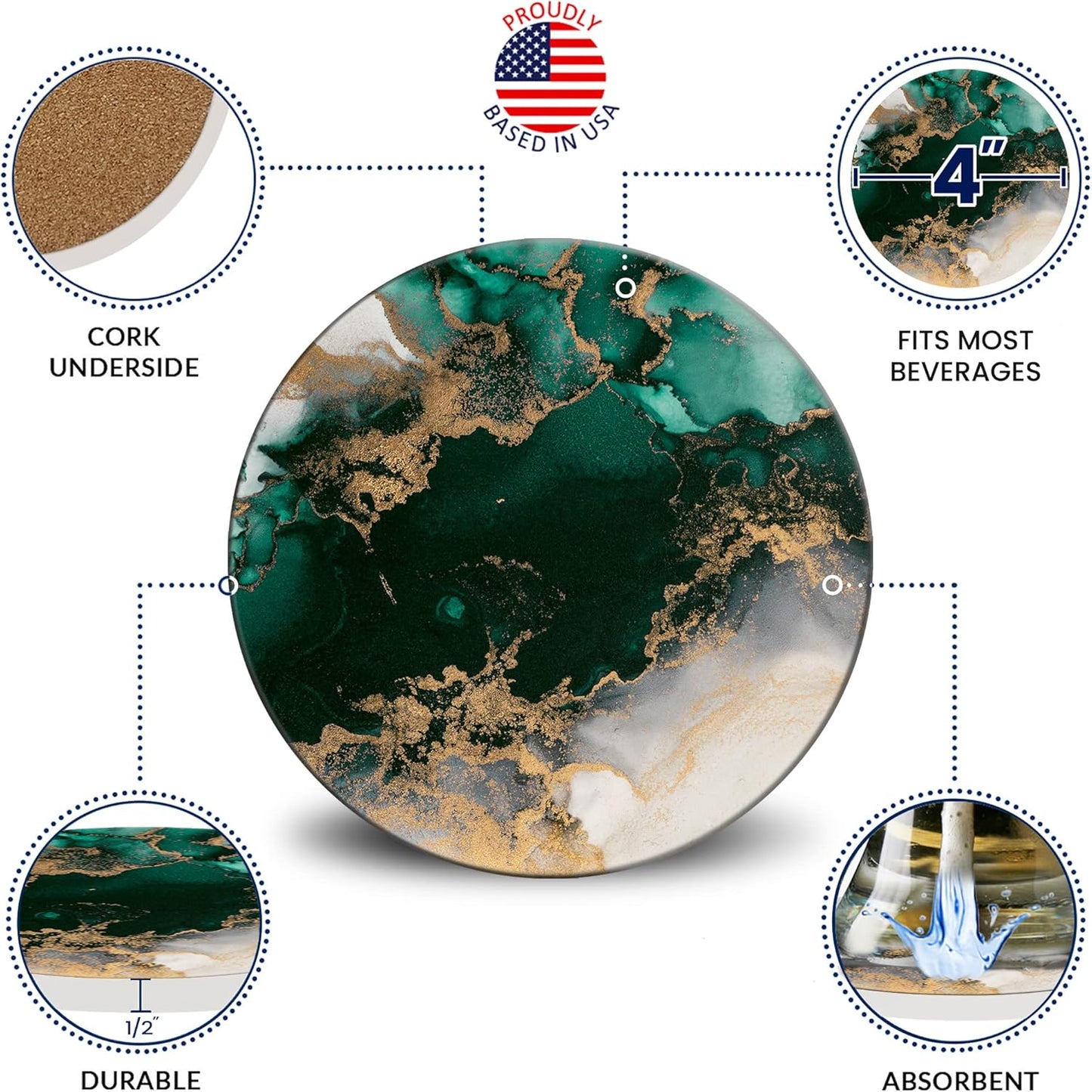 Emerson Coasters for Drinks Absorbent – Natural Stone Drink Coasters Set with Holder, Coasters for Coffee Table, Wooden Tabletop Protection Marble Style – 100% Heavy Duty Set of 6 (Green Forest)