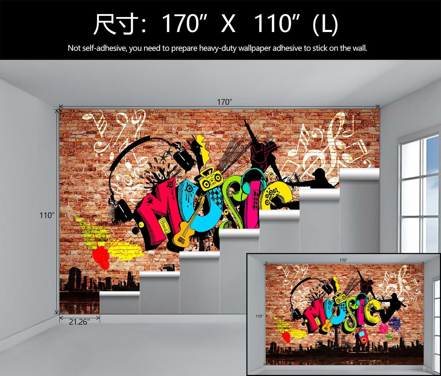 WFBHUA-Music Graffiti Wallpaper Abstract City Brick Wall Hip-hop Murals for Bar Ktv Industrial Background (Not Peel and Stick)