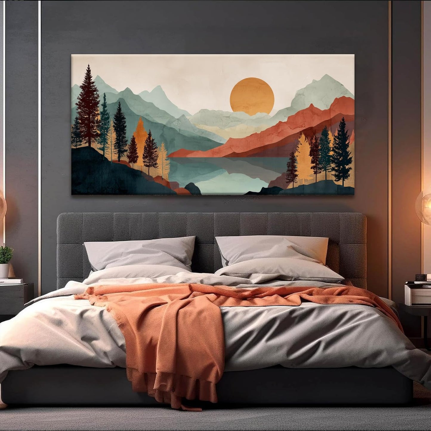 Tsomzxng Mountain Abstract Boho Wall Art For Living Room Modern Canvas Art Wall Decor Colorful Wall Art Bedroom Office Abstract Wall Decor Mountain Forest Landscapes Painting Wall Pictures 24×48 In