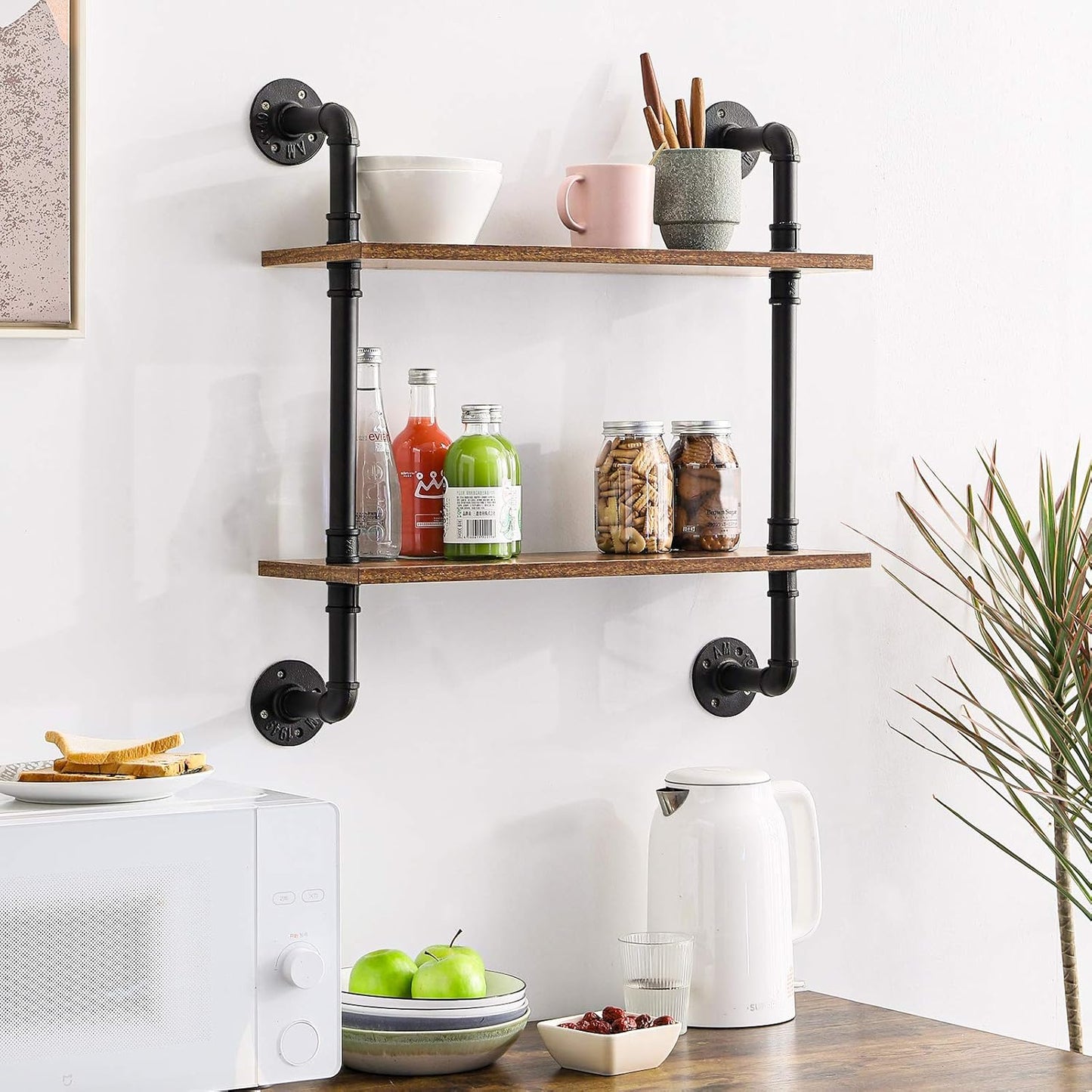 IBUYKE 26" Pipe Floating Shelves,2-Tiers Industrial Pipe Shelves, Rustic Wall Mount Bookshelf,Metal Bracket Storage Wall Shelf for Bedroom, Kitchen, Living Room, Bathroom RF-TM004