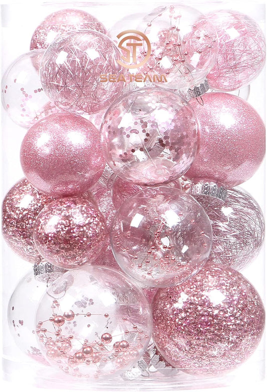 Sea Team Christmas Baubles Set, Shatterproof Clear Plastic Christmas Baubles Multi-Size Decorative Baubles with Stuffed Delicate Decorations (25 Pieces, Pink)
