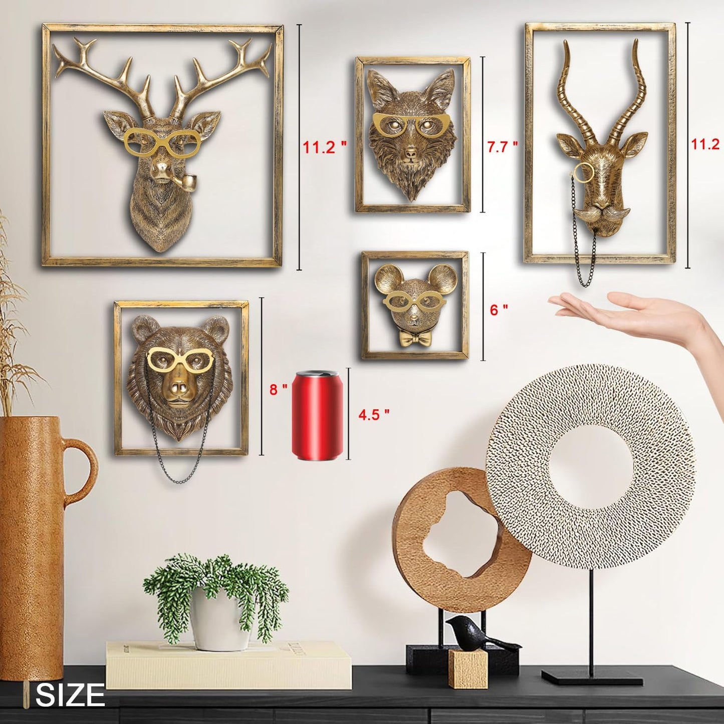 Animal Heads Wall Decor (5pcs, Includes Metal Frame) Resin Animals Sculptures Head Wall Hanging Decoration Gold vintage Wall Sculpture for Living Room Bedroom Office