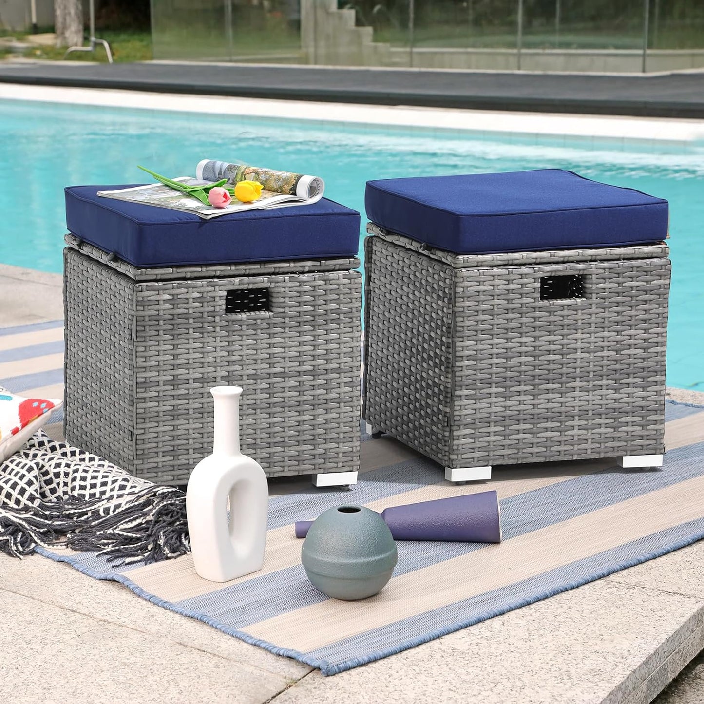 Patiorama 2 Piece Outdoor Patio Ottomans,All-Weather Grey PE Rattan Wicker Ottoman with Storage,Outdoor Footrest Footstool Seat w/Thick Cushion,Built-in Handle for Backyard Poolside Porch (Navy Blue)