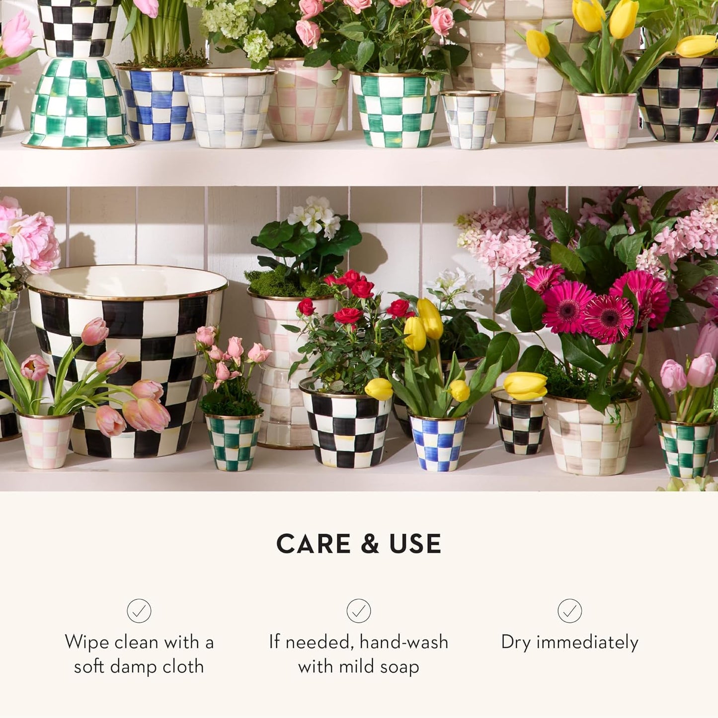 MACKENZIE-CHILDS Enamel Herb Pots, Small Plant Pots for Herbs or Flowers, Set of 3, Blue-and-White Royal Check