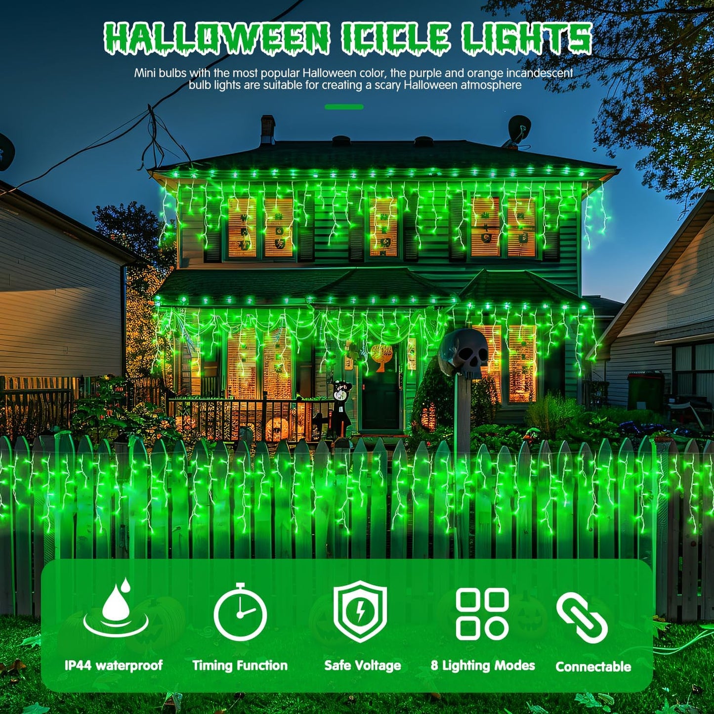 JMEXSUSS 400 LED 38.8F Green Icicle Lights for Halloween Decorations, Green Halloween Lights Indoor Outdoor, String Icicle Light for House Fireplace Party Yard Decoration