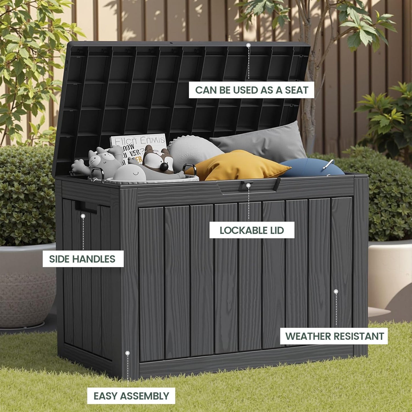 45 Outdoor Storage Box, Waterproof Resin Deck Box with Side Handles, Lockable Outdoor Bench for Indoor & Outdoor Use, Storage Bin for Patio Cushions, Garden Tools, Package Delivery, Black