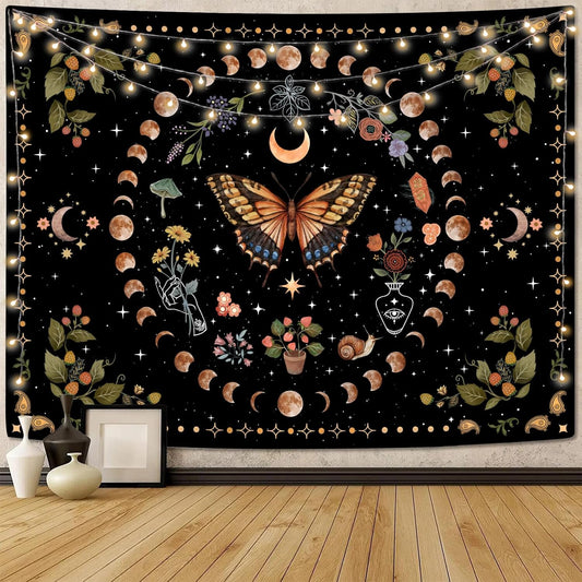 Aipon Yellow Butterfly Moon Flower Tapestry Botanical Floral Plant Boho Tapestry for Bedroom Aesthetic Vintage Tapestries Wall Hanging for Living Room Dorm (68.00'' × 90.00'', Yellow)