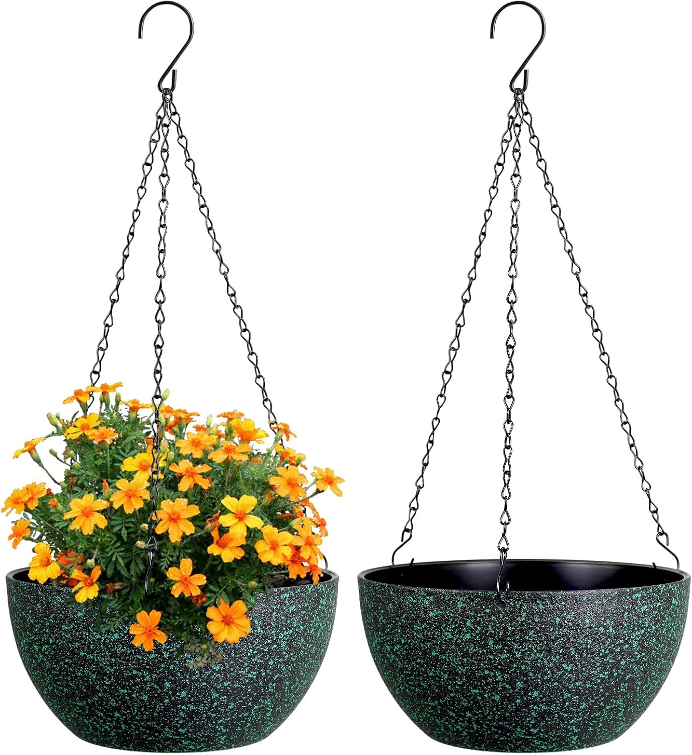8 inch Small Hanging Planters for Indoor Outdoor Plants, 2 Pack Hanging Flower Pots with Drainage Holes and Chain, Plastic Hanging Baskets for House Plants, Black with Green Speckles
