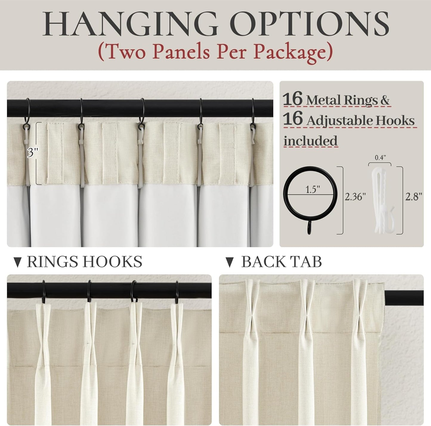 Cream Blackout Curtains & Drapes 96 Inches Long 2 Panels Set for Sliding Glass Doors, Pinch Pleated Thick Linen Blend Windows Curtain with Back Tab for Bedroom Cold Weather Thermal 40"W x 96"L