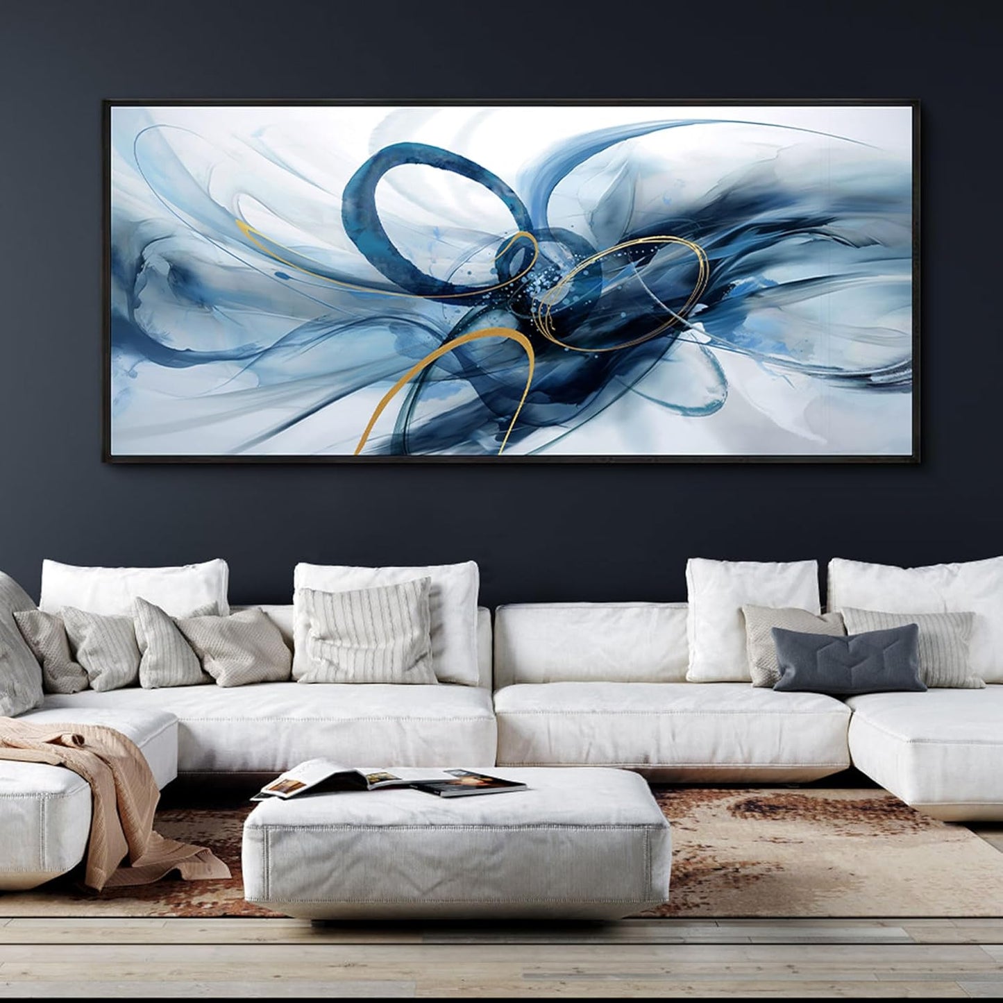 XLSJERST Extra Large Size Abstract Wall Decor Living Room - Modern Canvas Wall Art Blue and White Picture Artwork for Office Bedroom Home Decoration