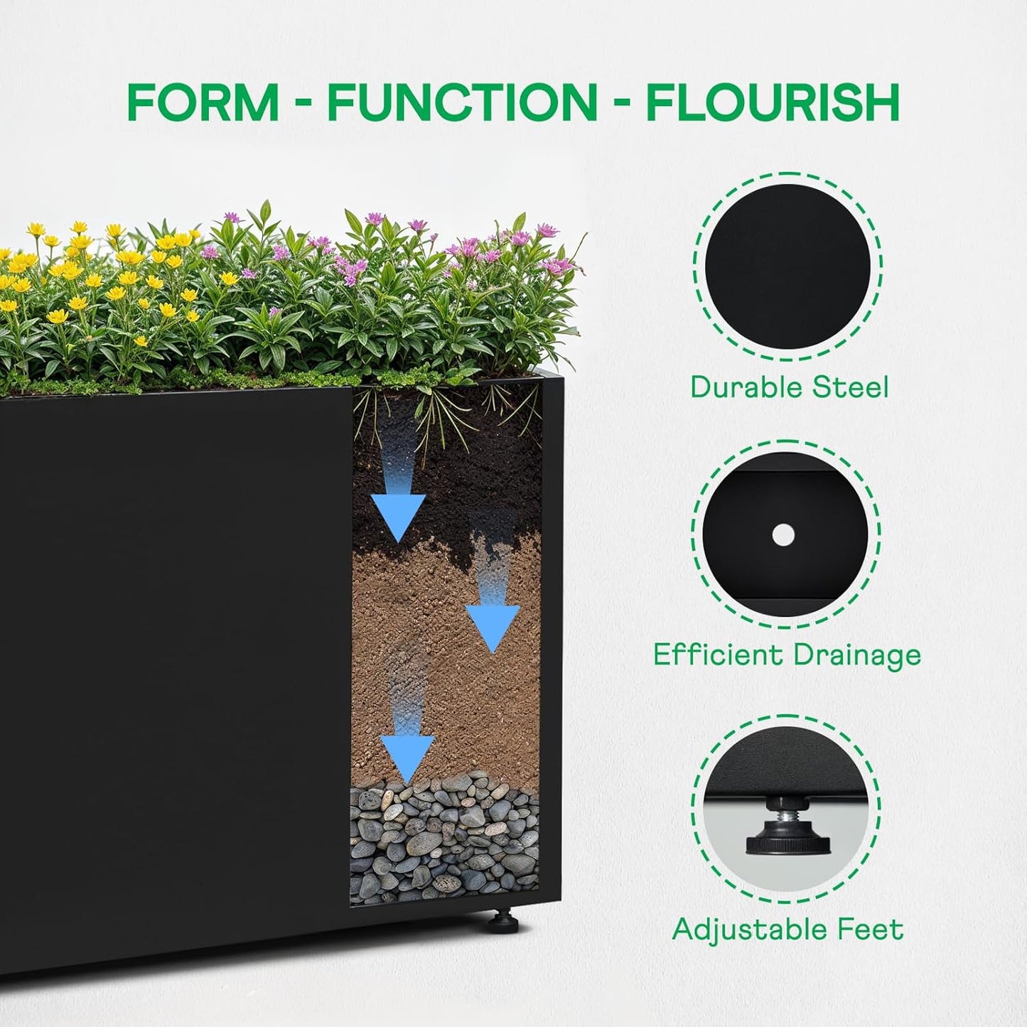 IDZO Metal Planter Box, Privacy Trough for Patio, Rectangle Container for Outdoor Plants, Tall Large Rectangular Steel Bed for Outdoor Greens with Drainage Holes & Adjustable Feet, Black