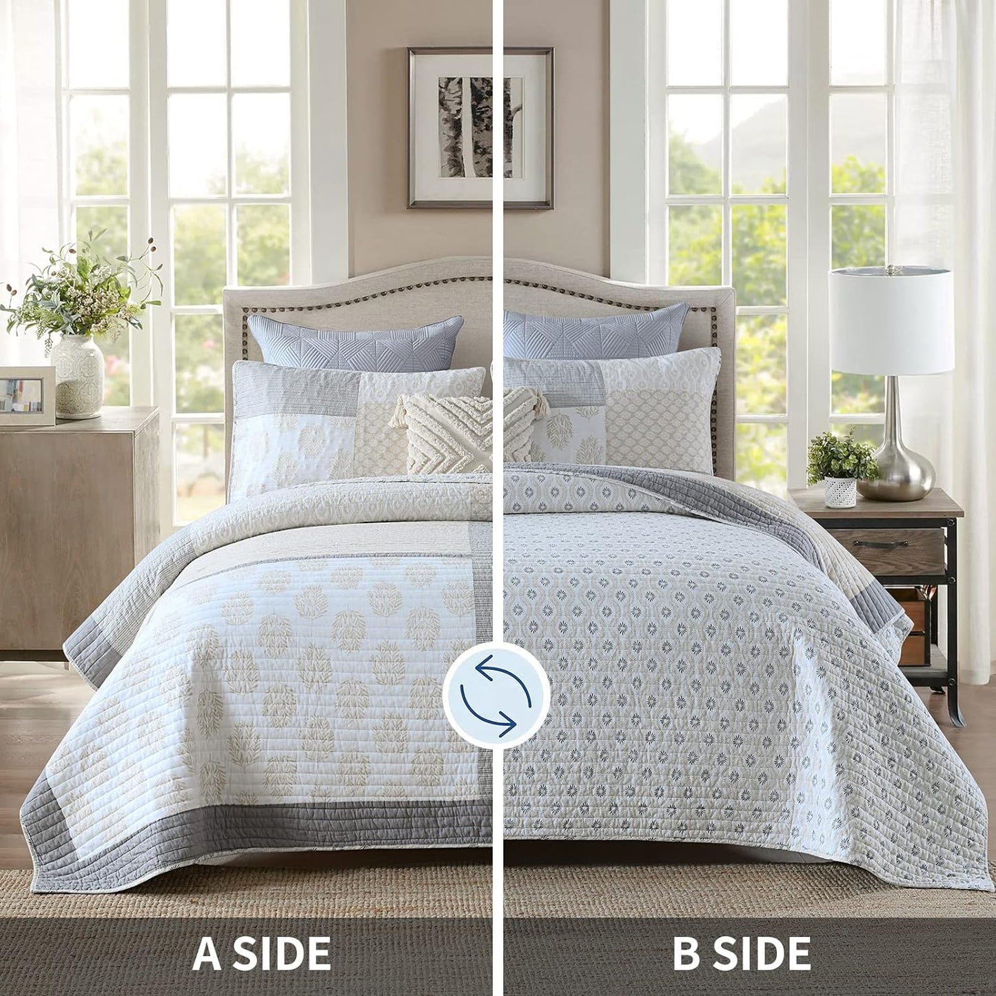 PANGUSHAN Quilt Set King Size, 100% Cotton Bedspread Quilt Bedding Set, Floral Patchwork Quilt Set for King Bed, Moonbeam Bed Spread, Lightweight Comforter Reversible Quilt, All Season, 3 Pieces