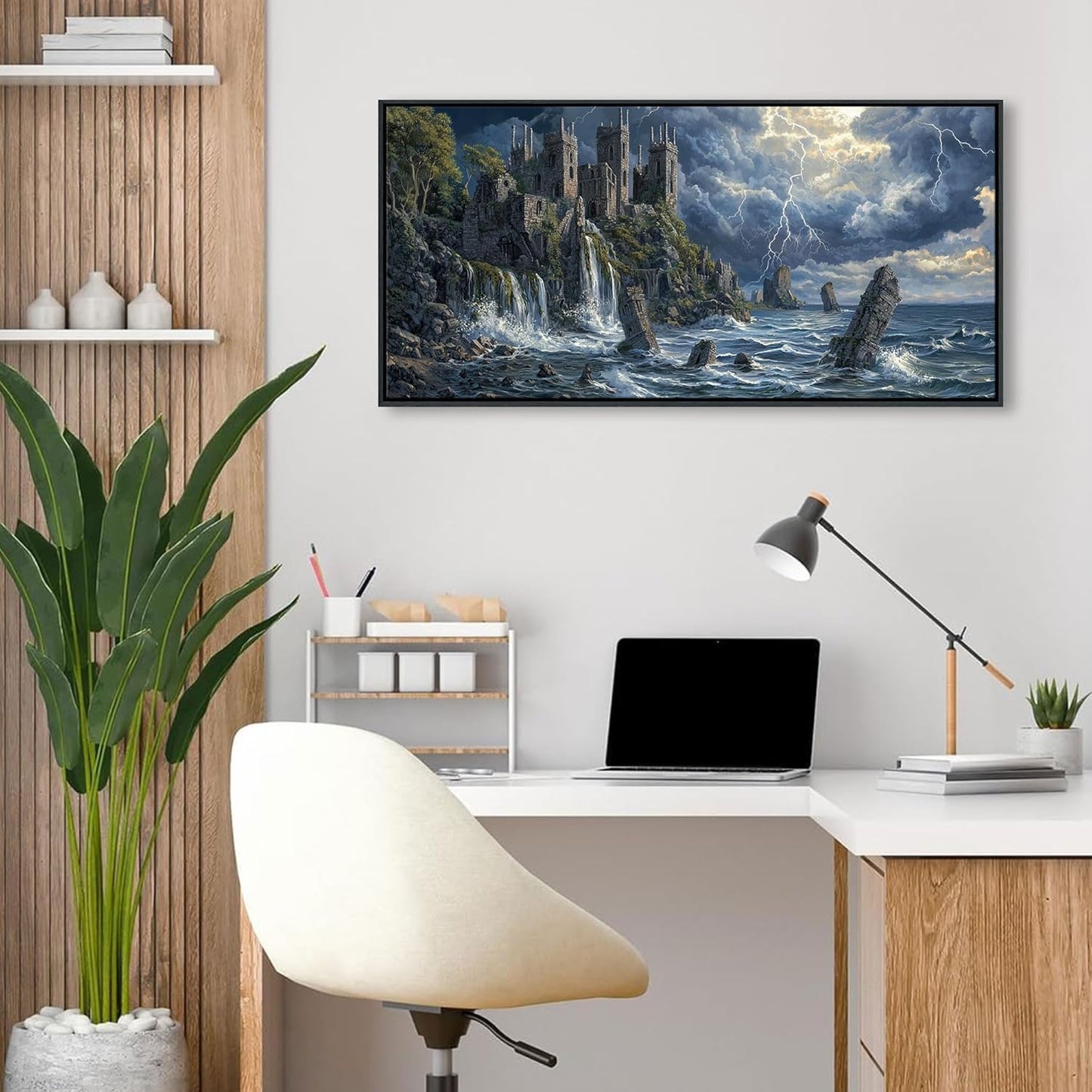 QZQCBLC Large Framed Wall Art - Retro Mystical Castle Landscape Sea Coastal Surface Lightning Realistic Paintings Artwork Picture for Living Room Bedroom Kitchen Home Wall Decor 29"X58"