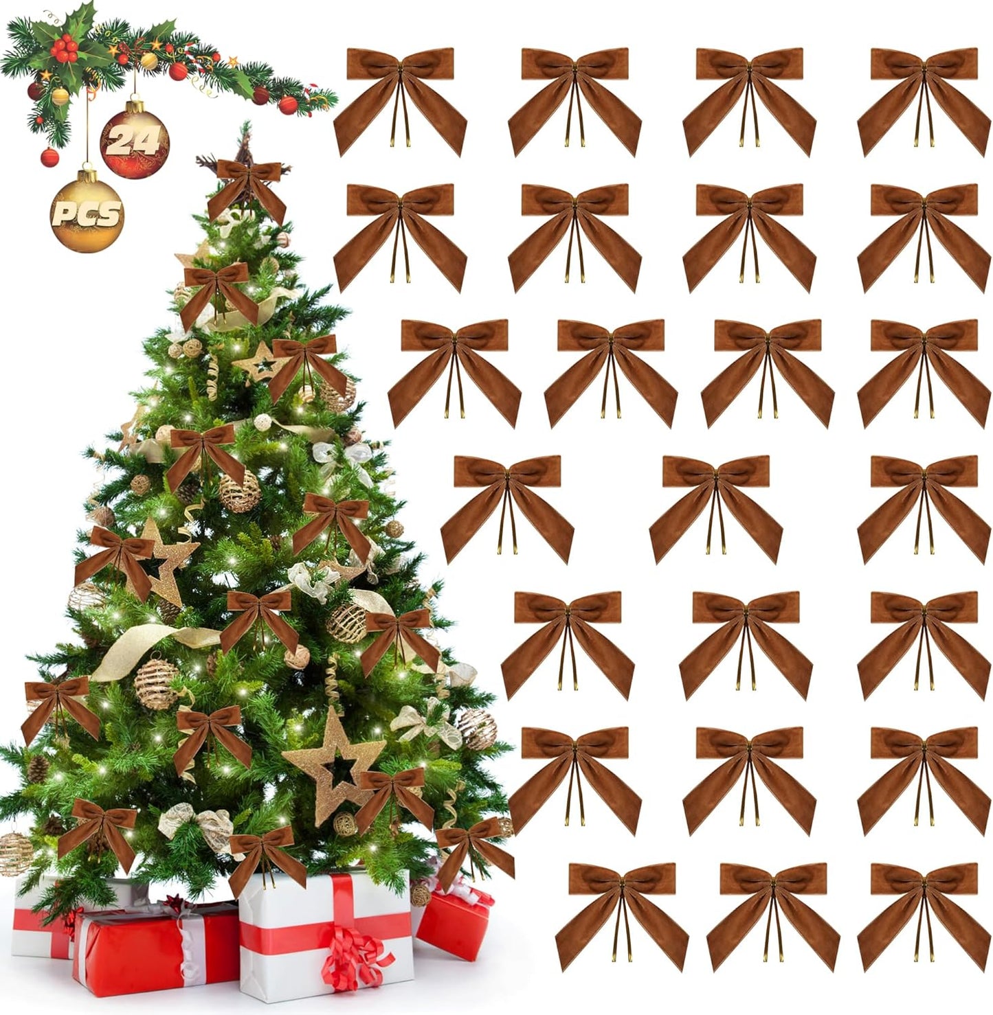 Camel Velvet Bows for Christmas Tree Decorations, 24 Pcs Premium Velvet Ribbon Bows, Christmas Tree Ornaments for Xmas Wreaths, Gift Toppers & Holiday Home Decor(1" Width, 3.5x3.5 Inch)