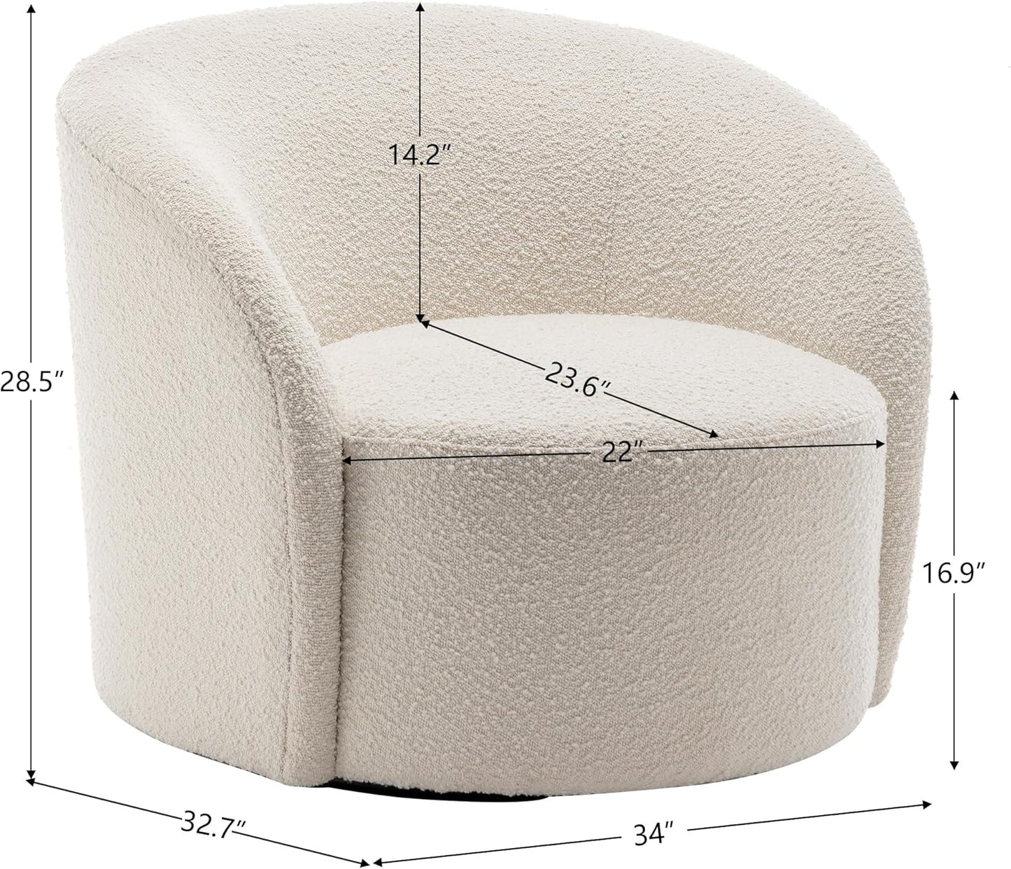 KINWELL 34" W Mid Century Modern Swivel Barrel Chair, Round Upholstered Boucle Swivel Accent Chairs, No Assembly Sofa Chair for Living Room Bedroom Reading Apartment Lounge Nursery(Cream)