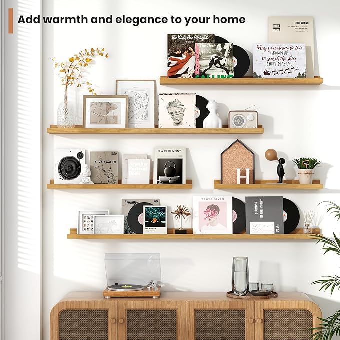 Fun Memories Picture Ledge Shelves Set of 2, 24 Inch Rustic Wall Mounted Floating Shelves with Lip for Home Storage and Décor in Bathroom, Kitchen, Nursery, Bedroom, Living Room, Oak