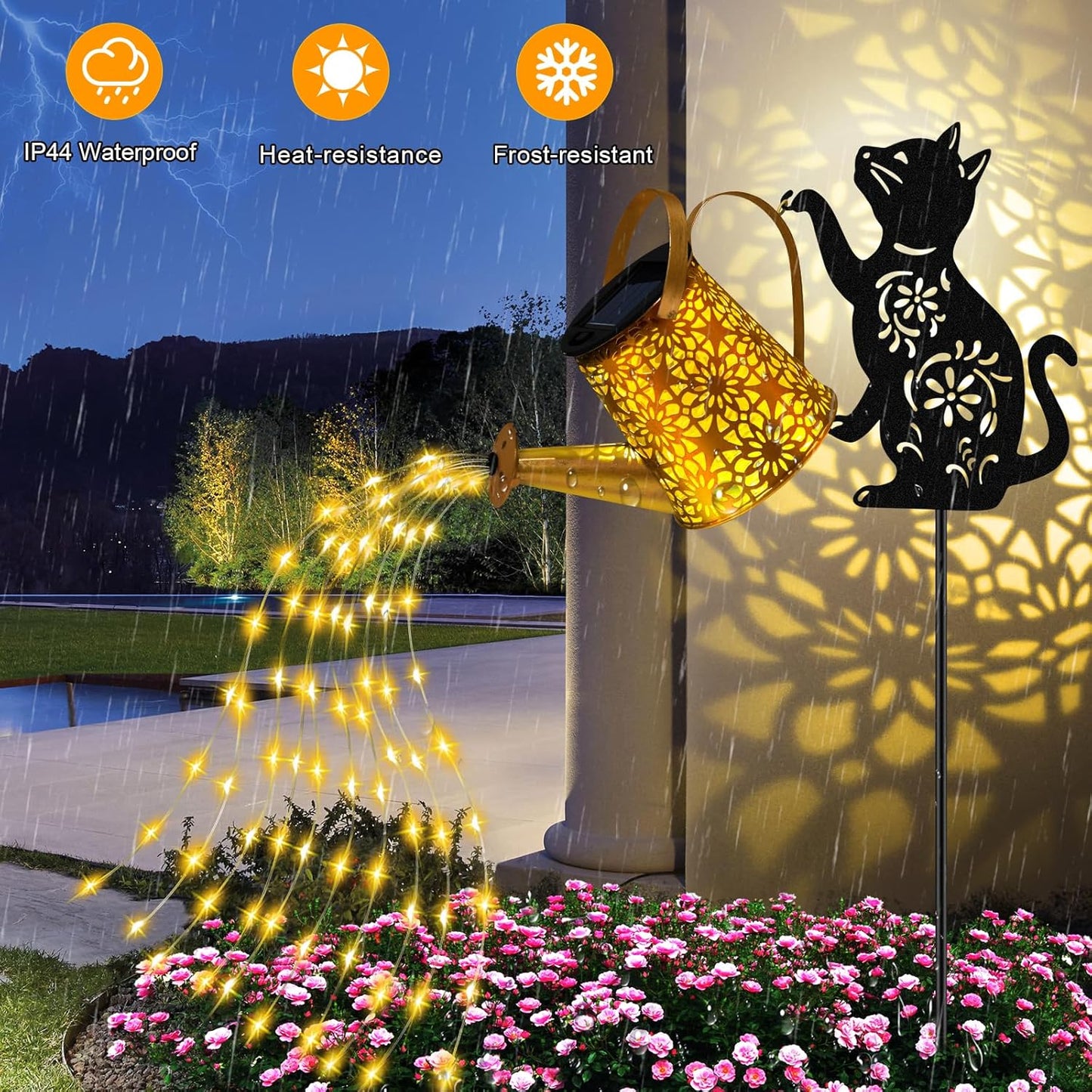 Solar Lights Outdoor Decorative, Watering Can with Cascading Lights, with Cat Silhouette Garden Stakes, Waterproof Metal Garden Decor for Yard Art, Outside, Patio, Lawn Ornaments