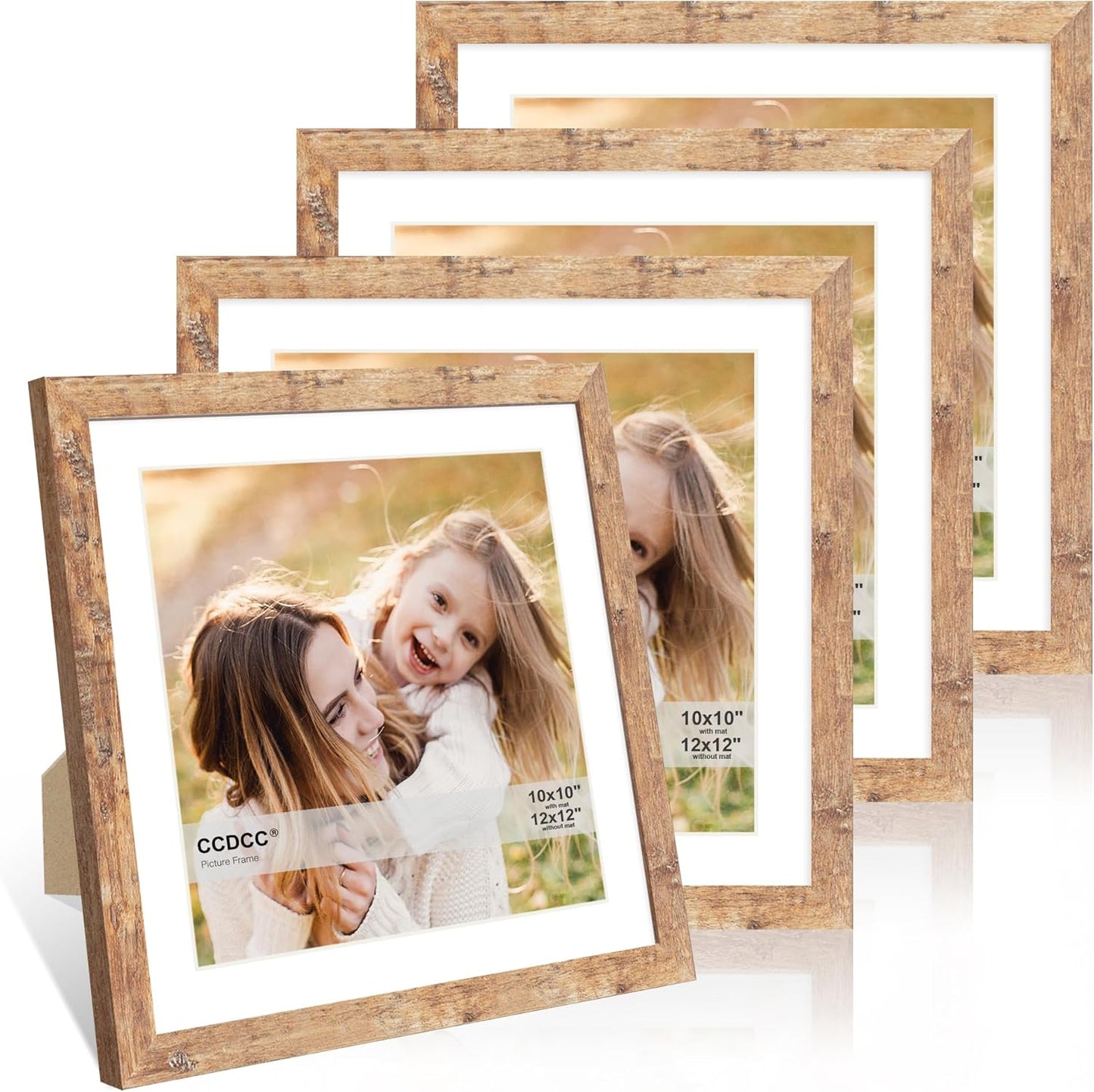 12x12 Picture Frame Set of 4, 12 x 12 Wood Photo Frames with Mat for 10x10 or 30x30cm Diamond Painting Art, Wooden Frame with Real Glass Cover for Wall and Tabletop Display,Brown