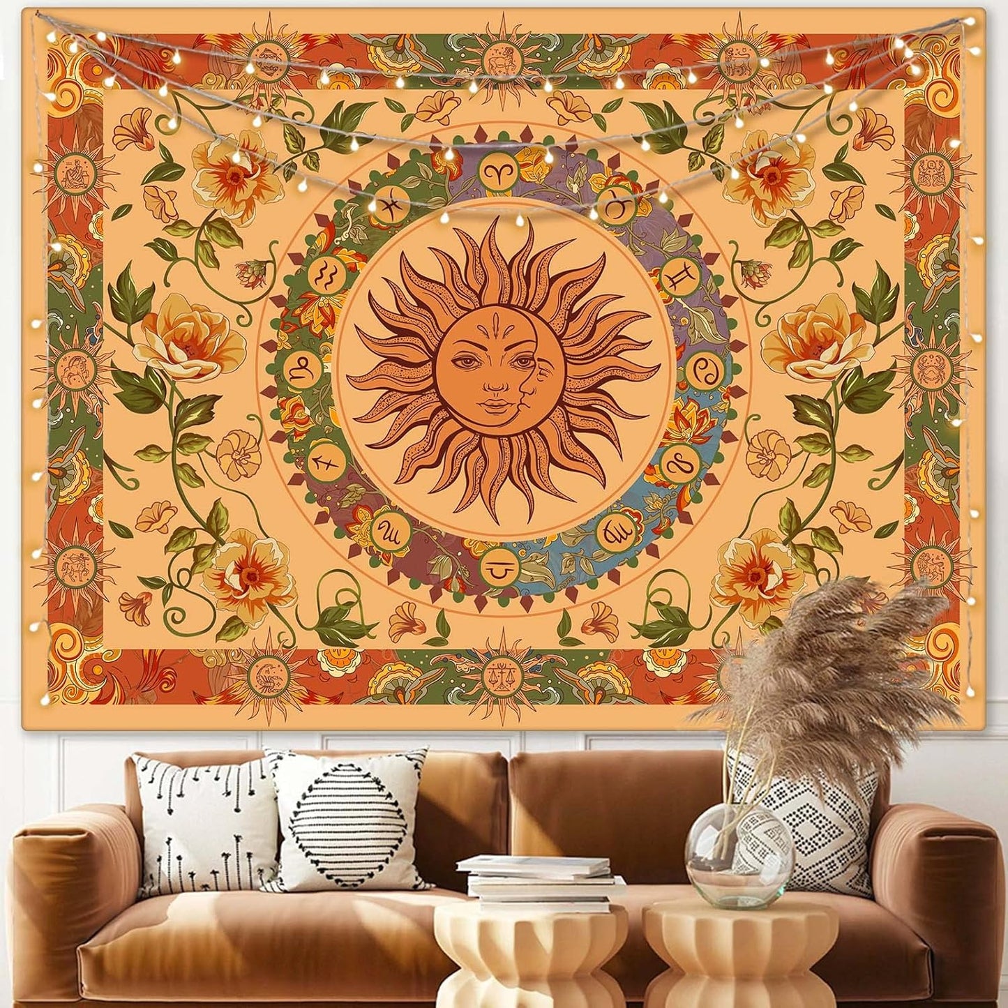 Aipon Yellow Sun and Moon Tapestry Indie Tapestries Boho Orange Flower Floral Tapestry Wall Hanging Cool Vintage Aesthetic Wall Tapestry for Bedroom Living Room Dorm (90.6'' × 70.8'', Orange)