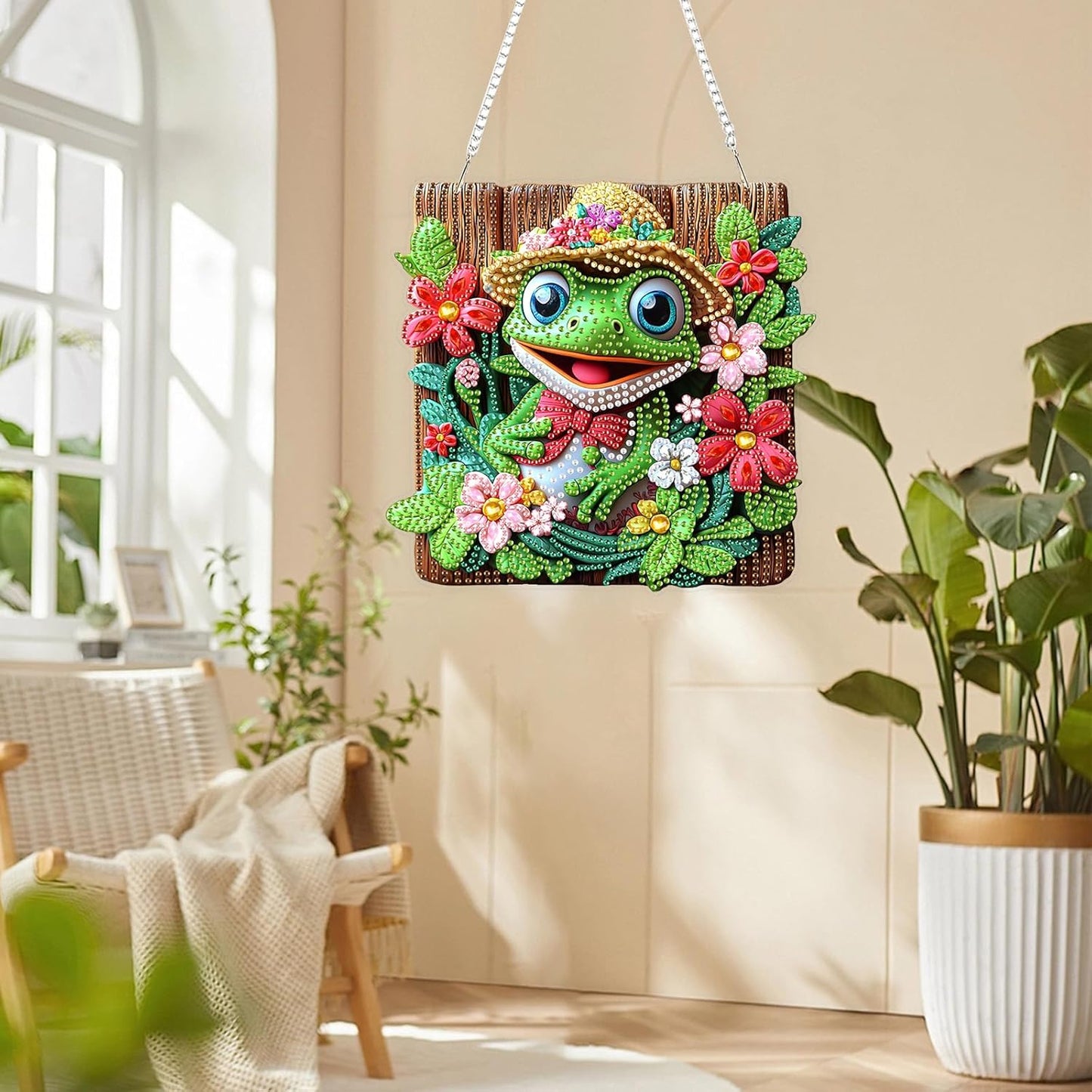 Lxmsja DIY Cute Frog Diamond Painting Hanging Ornament, Double-Sided Acrylic Flowers Diamond Art Kit, Special Shaped Drill Pendant Window Art Kit, Suncatcher Hanging Craft Decoration 8x8 inch