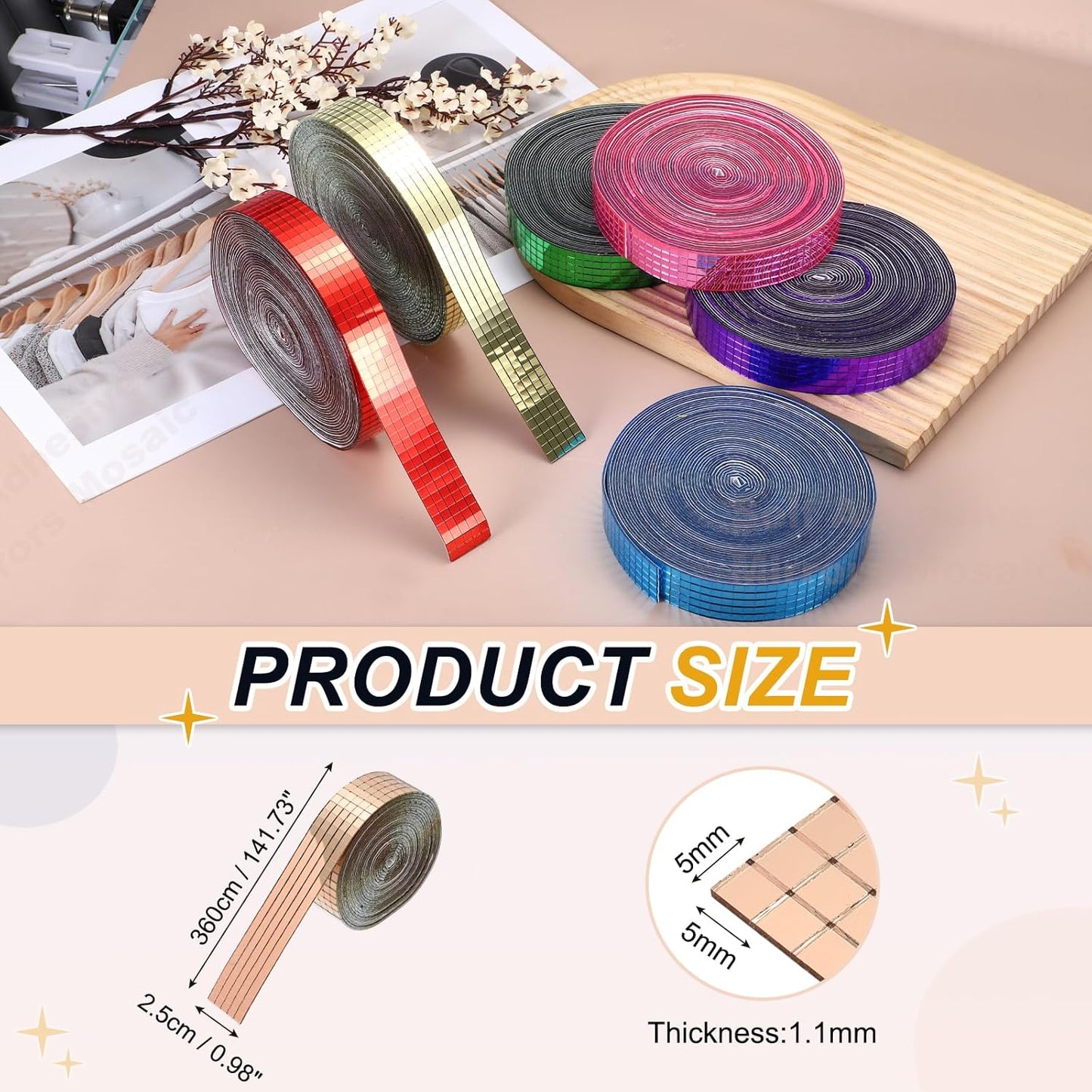 PATIKIL 5x5mm Self Adhesive Mirrors Mosaic Tiles, 3600 Pcs Square Mini Glass Mosaic Disco Tile Sticker for DIY Craft Disco Ball Party Decoration, Rose Gold