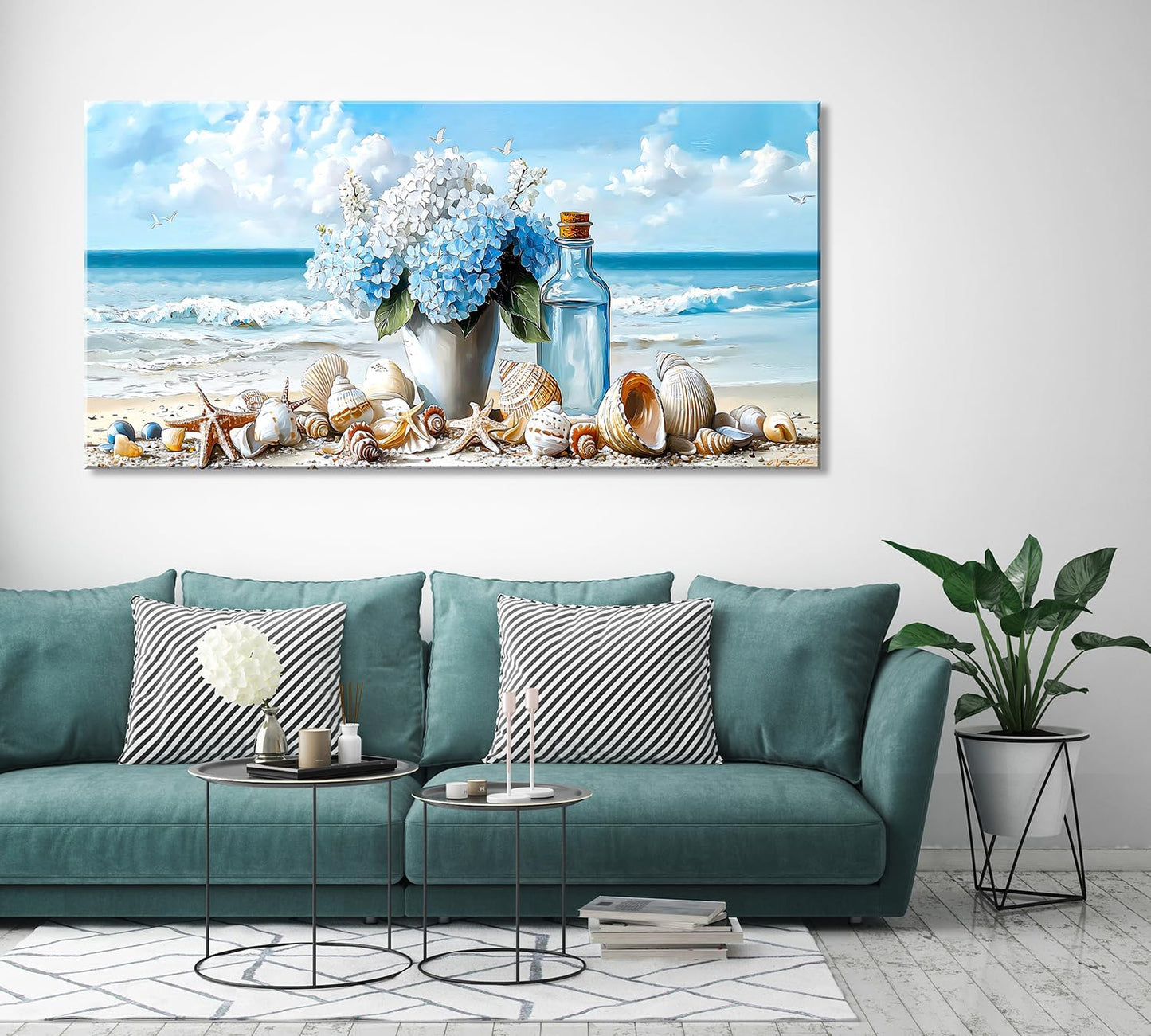 LASMOND Romantic Beach Wall Art for Living Room Blue Shells Conch Vase Canvas Prints Modern Large Flower Bottle Bedroom Ocean Artwork Decor (40x20 Inches)
