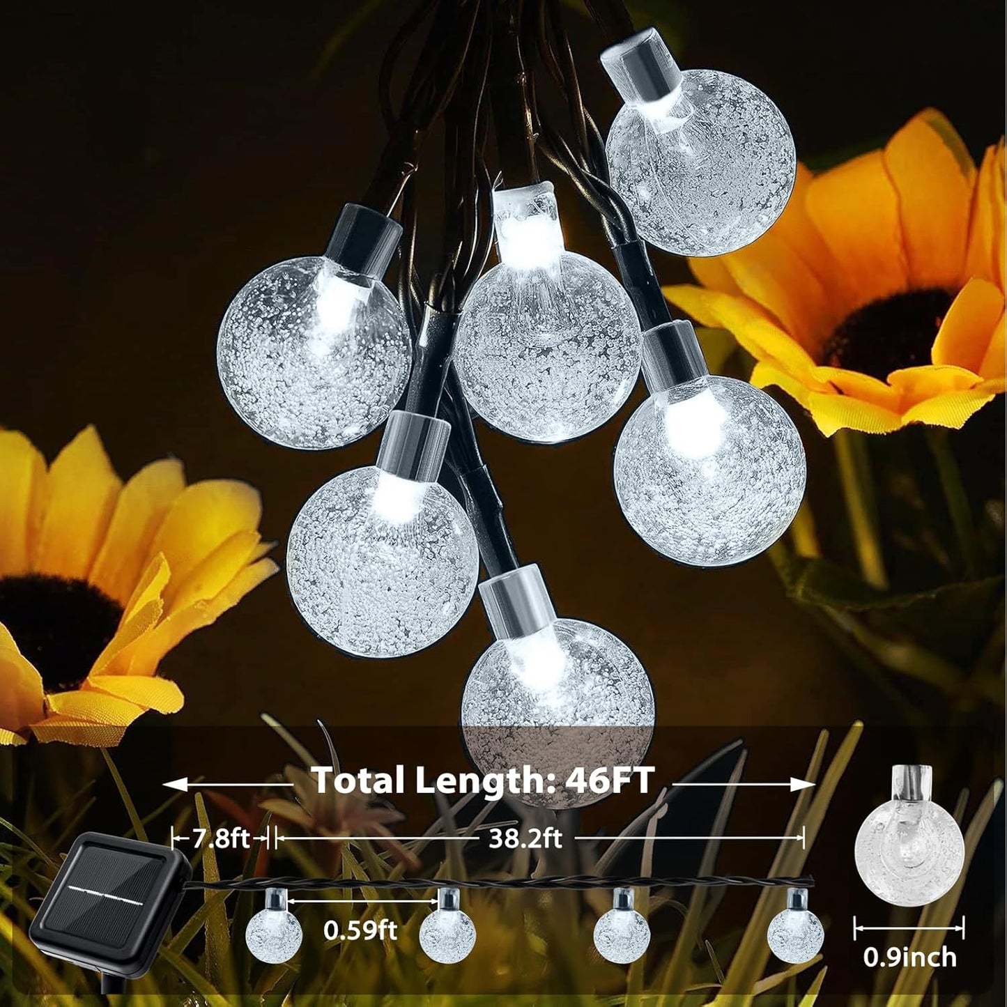 Outdoor Solar String Lights, 46FT 66LED 8Modes Crystal Solar Powered Christmas Fairy String Lights Waterproof for Outside Yard Fence Easter Holiday Party Porch Garden Decor(Pure White)