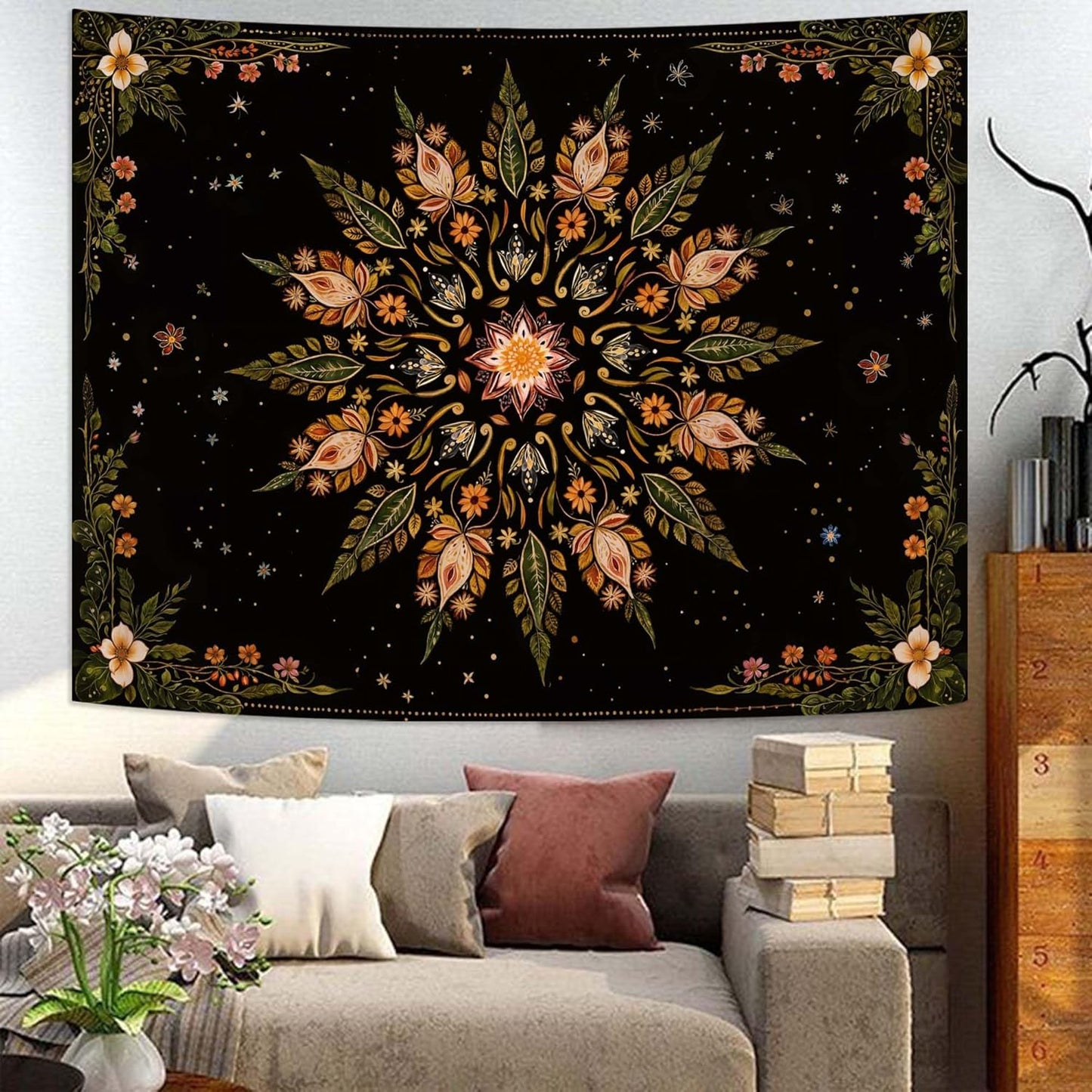 Fowocu Boho Floral Mandala Tapestry for Bedroom Aesthetic Vintage Bohemian Flower Wall Tapestry Black Green Hippie Indian Large Tapestries Wall Hanging for Living Room Dorm Decor 80 x 60 Inch