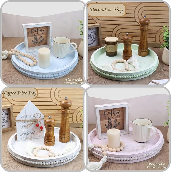 Round Wood Serving Tray with Beads, Yellow Washed Wooden Decorative Tray for Entertaining, Decoration, and Gifting