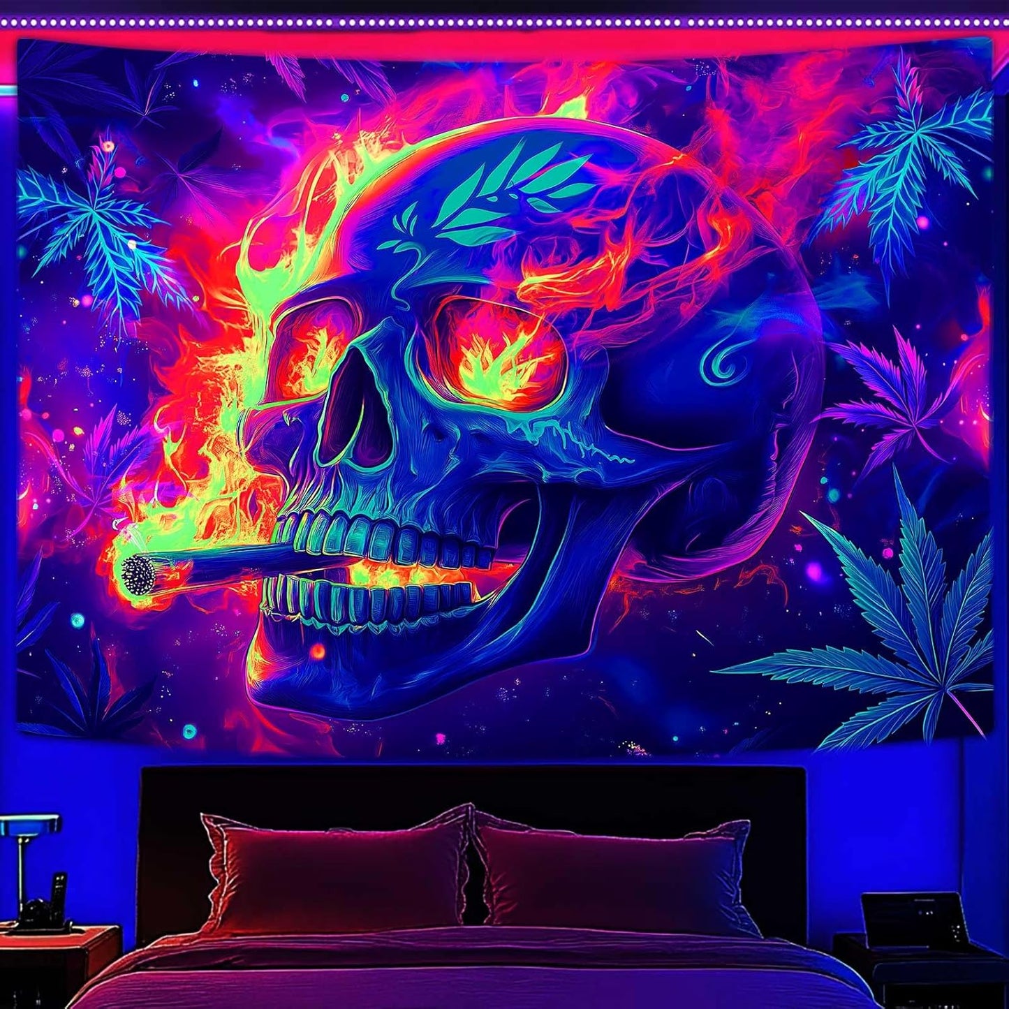 Blacklight Skeleton Tapestry, Glowing Skull UV Reactive Gothic Wall Hanging Tapestries, Glow in the Dark Grim Reaper Magic Horror Face Halloween Poster Tapestry for Bedroom Living Room Decor 90X70IN