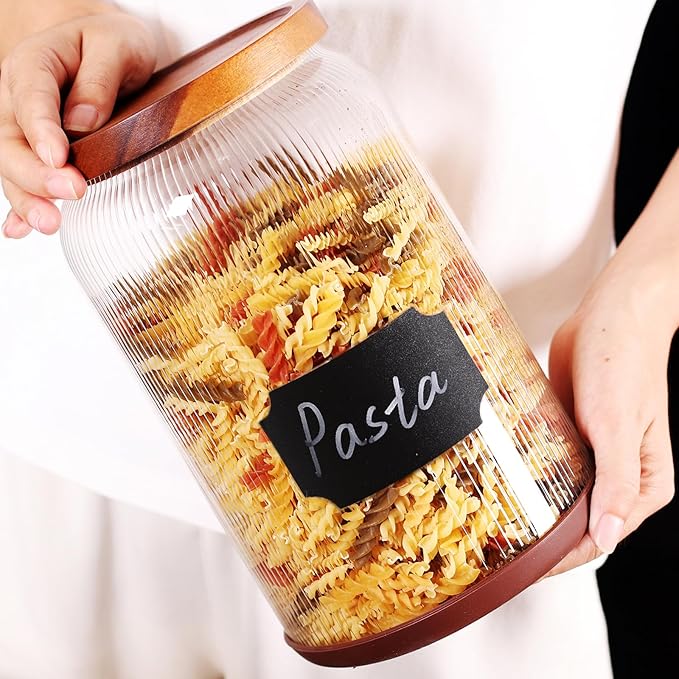 SAIOOL 2-Pack Striped Borosilicate Glass Airtight Canisters - Big mouth Large Capacity, Acacia Wood Lid, Food Storage Jars for Flour, Pasta, Pantry Organization (1 Gallon （2 Striped pack）)