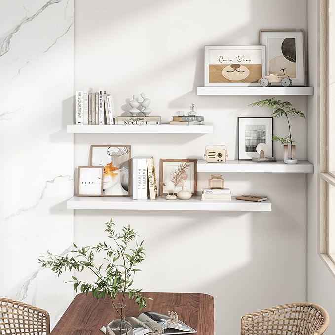 RICHFOCUS 55Inch Floating Shelves for Wall 1 Pack Shelves for Bedroom|Kitchen|Bathroom Wall Mounted Rustic Wood Floating Shelf with Invisible Brackets for Books|Storage|Decor, White