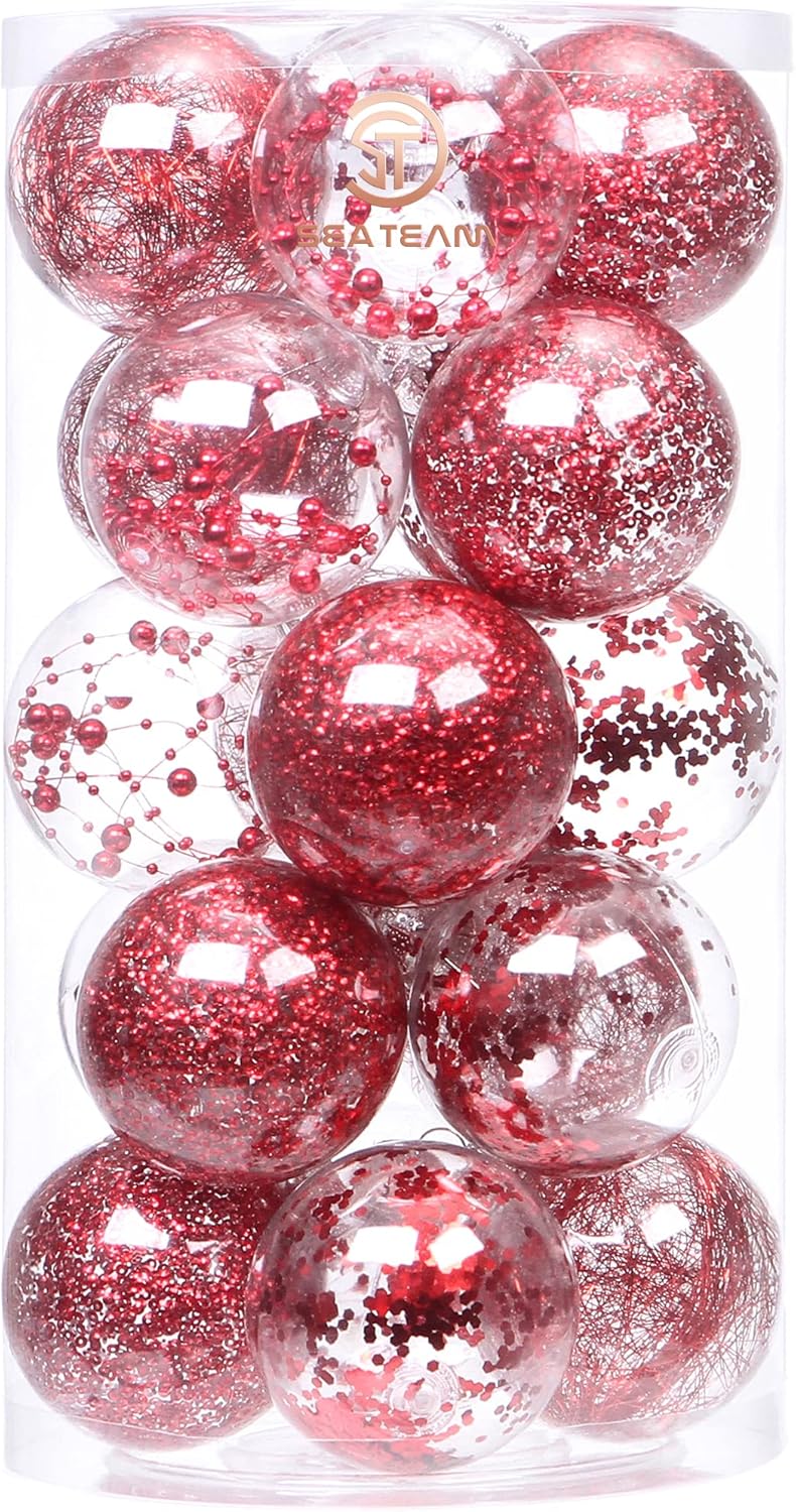 Sea Team Shatterproof Clear Plastic Christmas Ball Ornaments Decorative Xmas Balls Baubles Set with Stuffed Delicate Decorations (80mm/3.15 inch 20-Pack, Red)