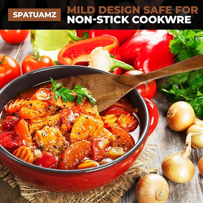 SPATUAMZ Wooden Cooking Spoons, Ladle and Spatula, Fine Polished Teak Wood Cooking Utensils Set of 6, Nonstick Wooden Kitchen Spoon & Spatula Set