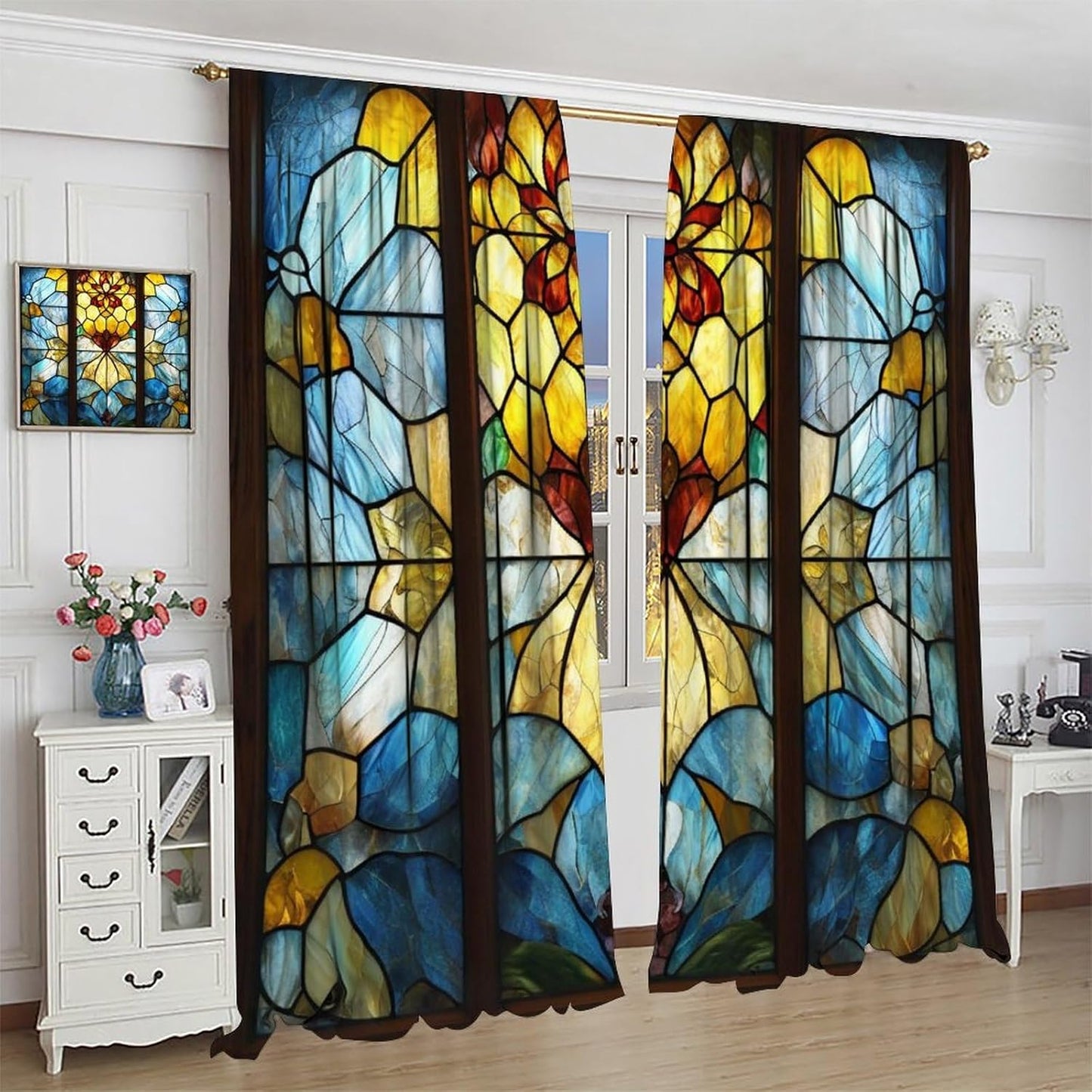 Stained Glass Curtains,Retro Abstract Colorful Art Home Decor Drapes for Bedroom Living Room Kitchen Window Treatment 2 Panels Set Total Size 63" W X 72" L Inch