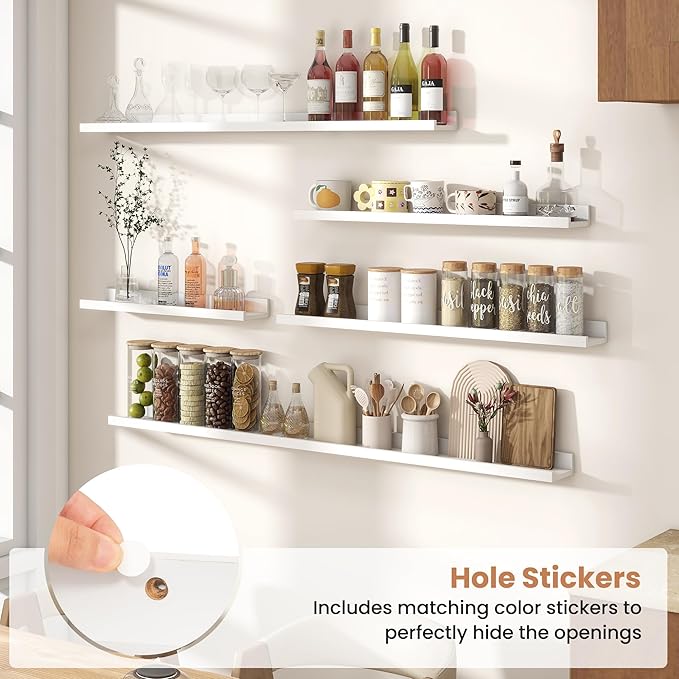 Fun Memories Picture Ledge Shelves Set of 2, 32 Inch Rustic Wall Mounted Floating Shelves with Lip for Home Storage and Décor in Bathroom, Kitchen, Nursery, Bedroom, Living Room, White