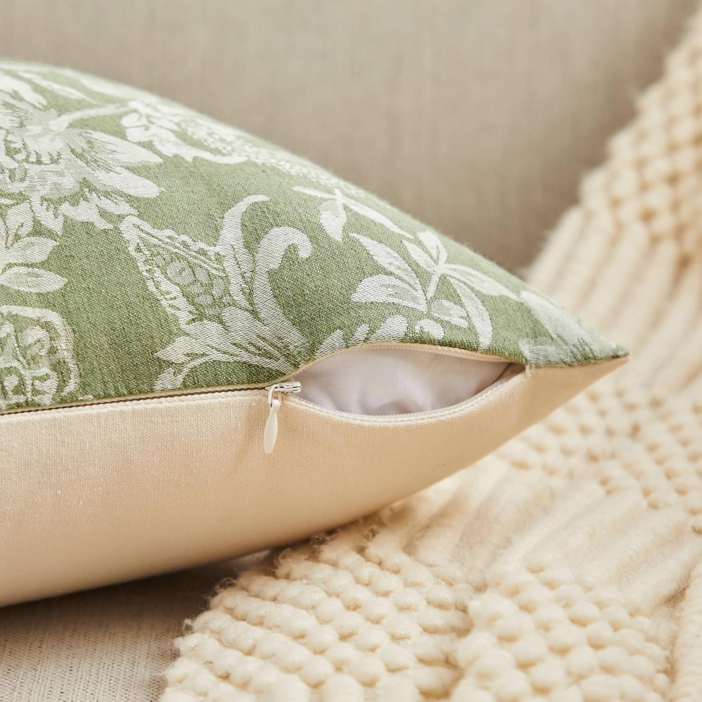 Floral Jacquard Lumbar Throw Pillow Covers Set of 2, Background/Green 12x20 Inch, Farmhouse Decorative Cotton Sage Green Cushion Covers for Sofa Bed Living Room Home Decor