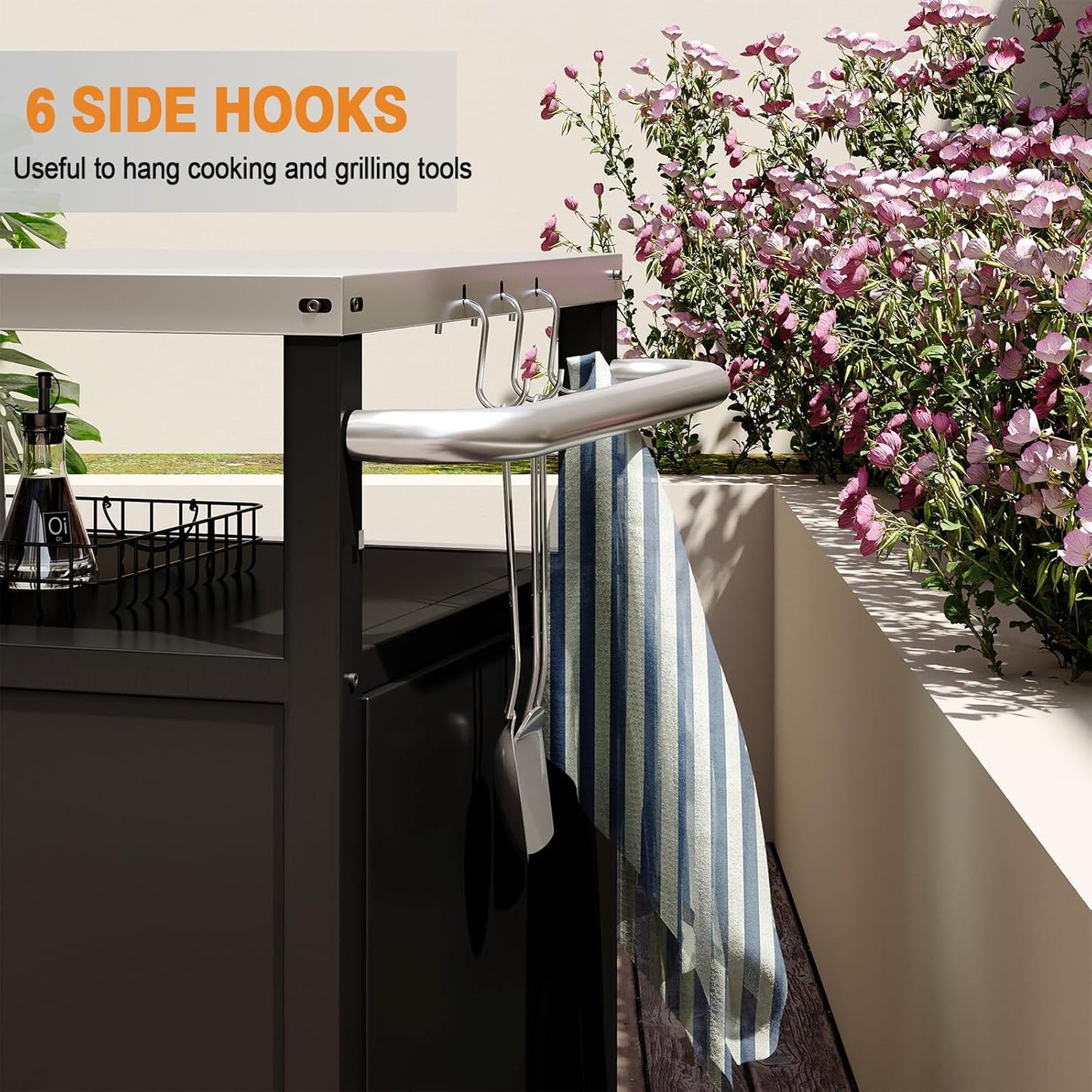 Outdoor Grill Cart with Storage Cabinet Stainless Steel Prep Stand with Storage Cabinet and Wheels Movable Whole Portable Table Outdoor Rolling Prep Station Kitchen Island Pizza Oven Table for Garden